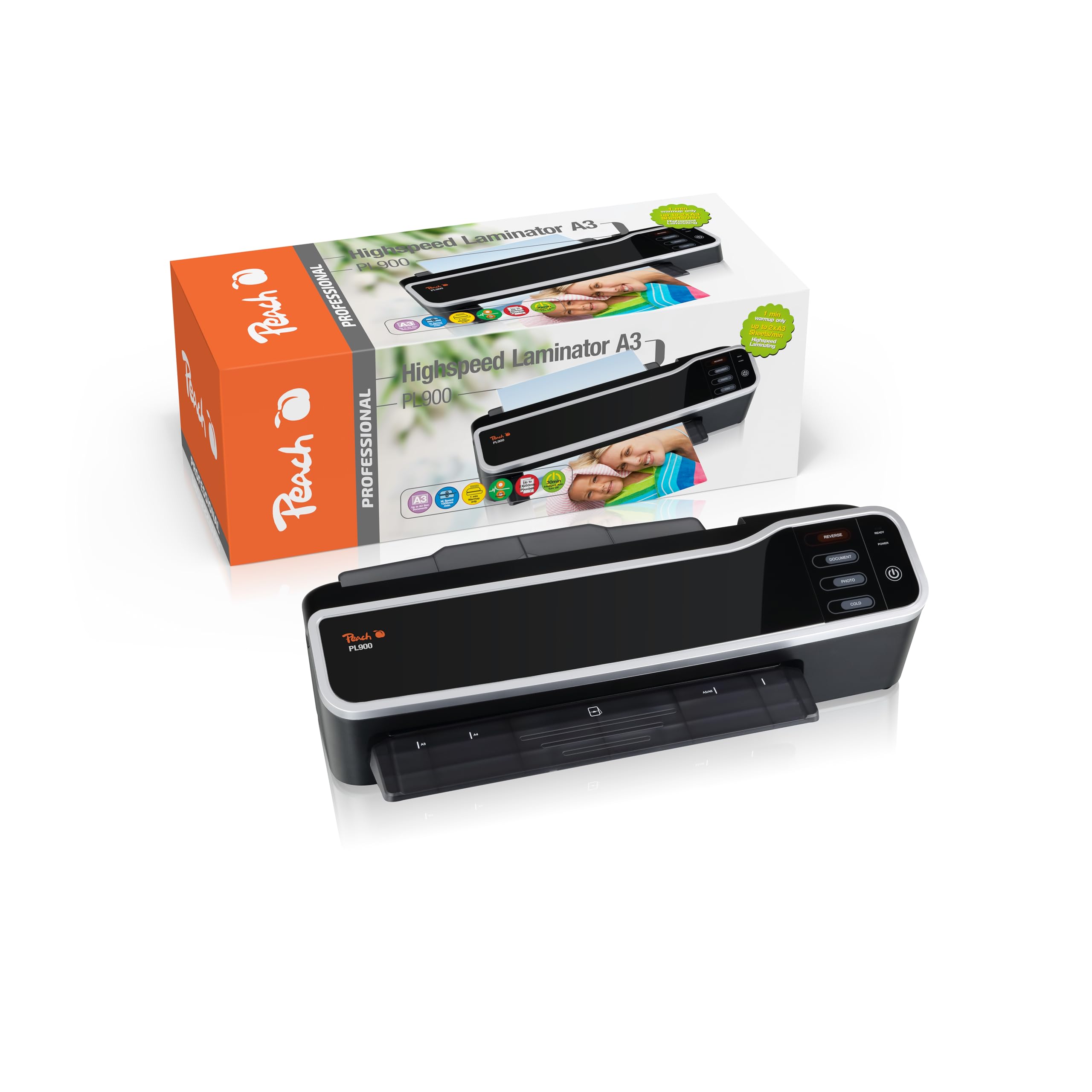 Peach HighSpeed laminator A3 wraz z 100 szt. folii do laminowania A4 – szybki start w zaledwie 60 sekund vs. 3-5 min - 2 folie na minutę / 5 razy szybciej niż dotychczas - PL900A