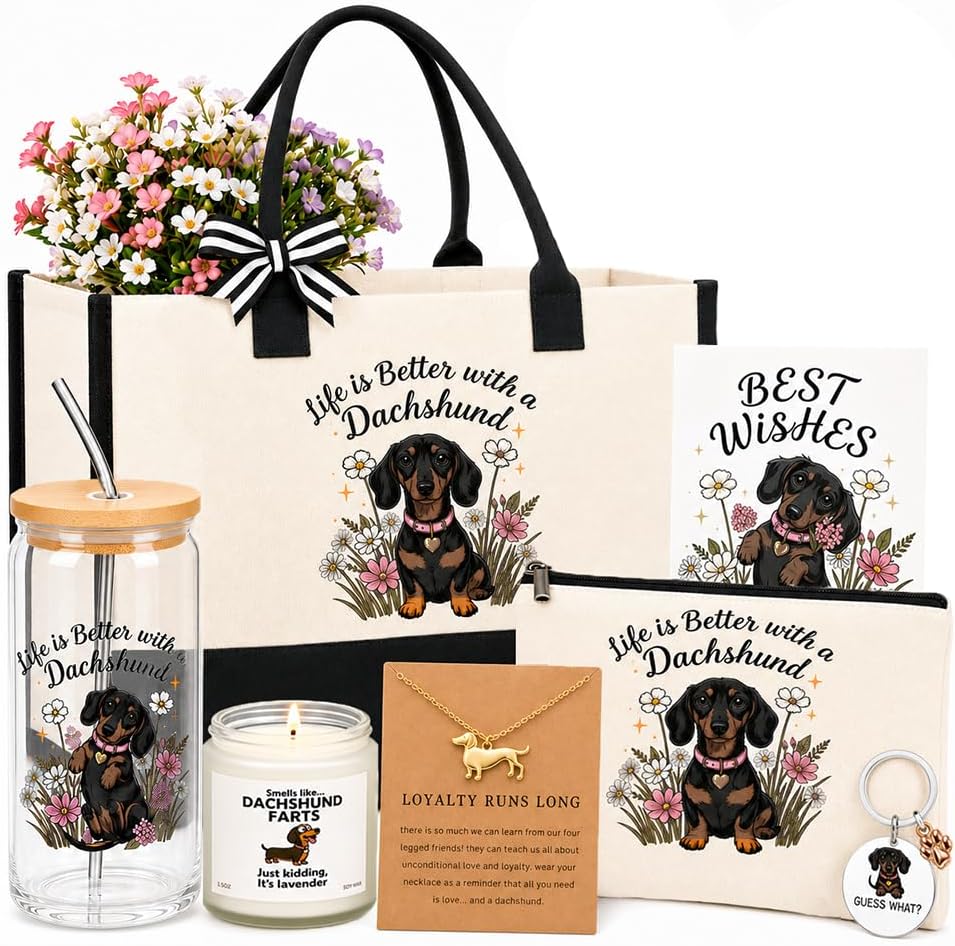 Dachshund Gifts for Women, 8 Pcs Weiner Dog Gift Basket with Tote Bag, Makeup Bag, Glass Cup, Lavender Candle, Keychain, Necklace, Greeting Card & Gift Box for Dog Mom