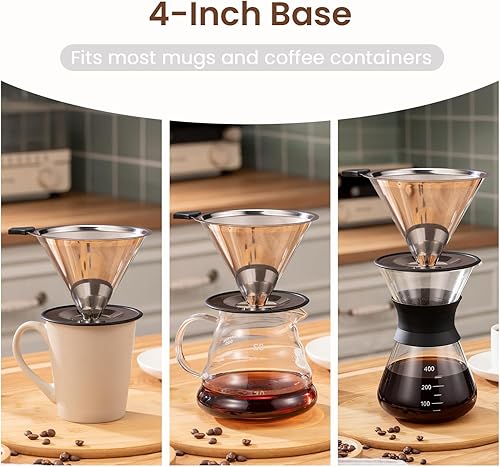 Miniatura 6 de 2.0 mejoradoGotero de café reutilizable de acero inoxidable con base antideslizante y asa, cafetera sin papel (plateado)