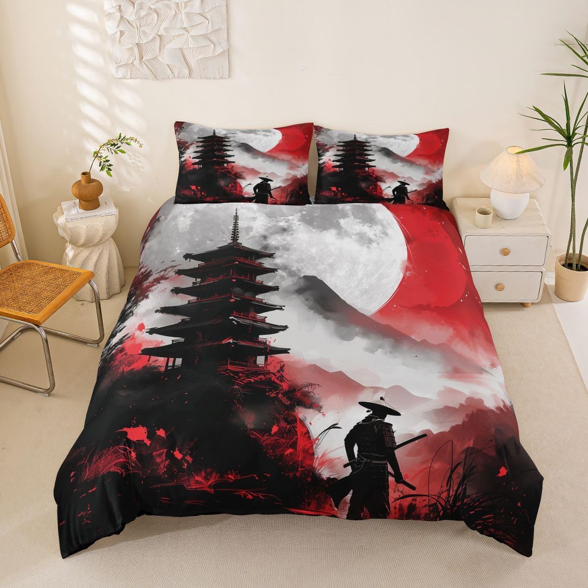 jejeloiu Japanese Geisha Duvet Cover Toddler Size Japan Ukiyoe Art Comforter Cover for Boys Girls Exotic Traditional Bedding Set 2Pcs Red Vintage Floral Room Decor