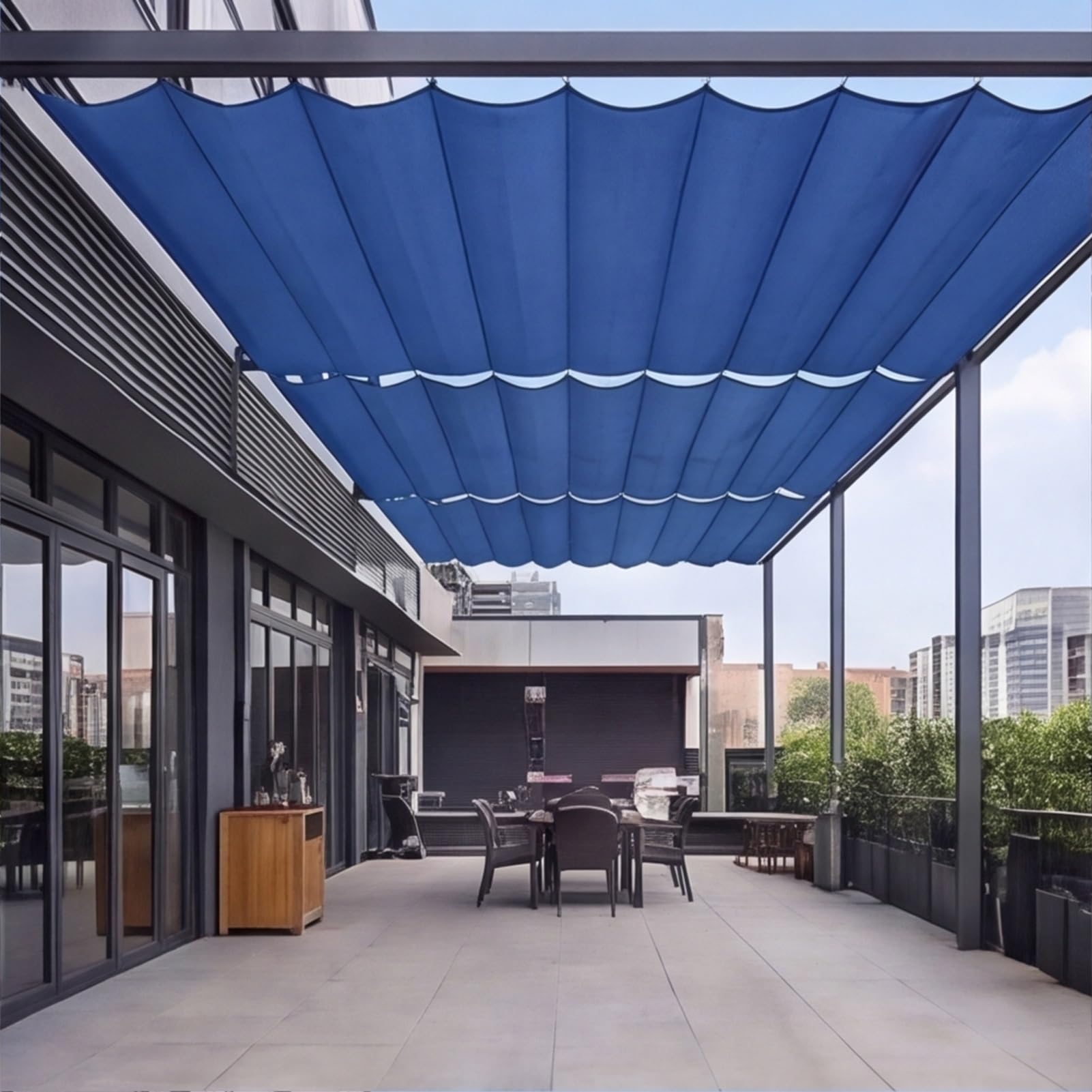 Wysuwany żagiel przeciwsłoneczny 3,8 x 6 m regulowany baldachim i pergola ochrona przed promieniowaniem UV z oczkami i zwijanymi sznurkami do Pergoli, balkonu i ogrodu, ciemnoniebieski