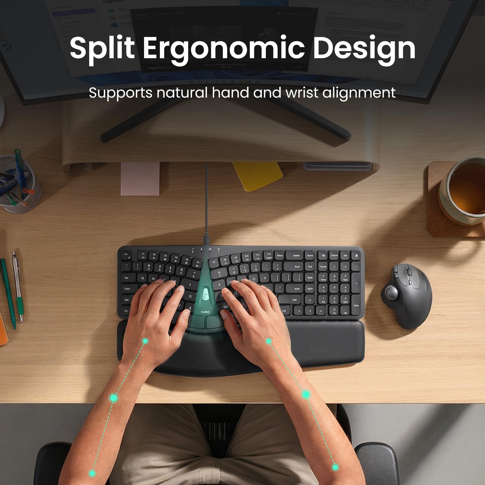 Nulea Ergonomic Split Keyboard, Wired Natural Typing Keyboard with Integrated Palm Rest for Wrist Pain Relief, 2-in-1 Type C&Type A Plug for Mac,Windows,Office & Home,Black — view 3