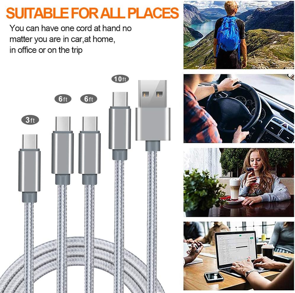 USB Type C Cable 3A Fast Charging [4-Pack 3/6/6/10ft], Compatible with Samsung Galaxy S10 S9 S8 S20 Plus A51 A11, Note 10 9 8, PS5 Controller (Gray)