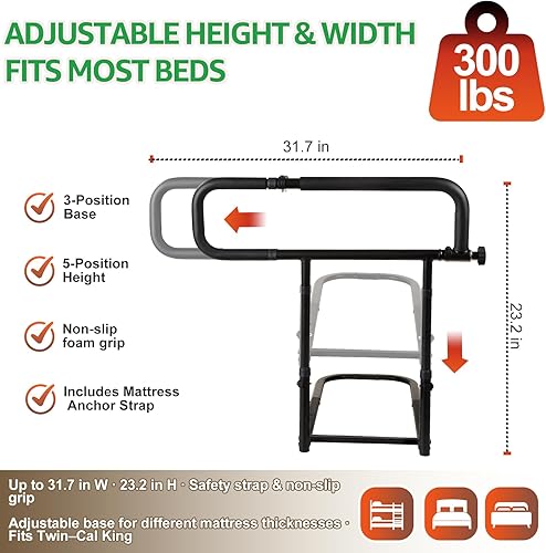Miniatura 3 de Riel de cama plegable para adultos, barra de agarre de seguridad ajustable con mango de espuma suave, instalación sin perforación, marco de acero al