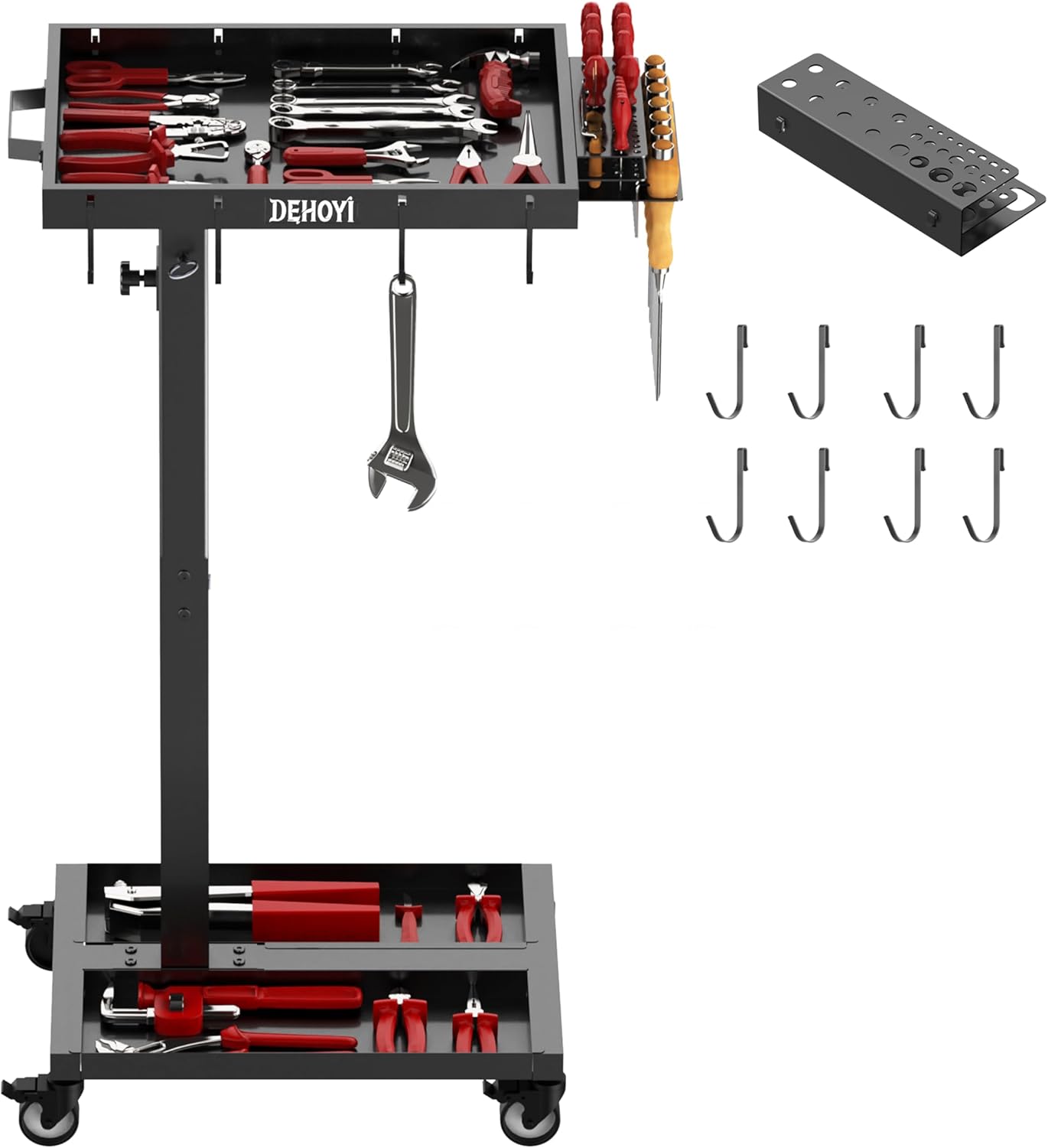 Adjustable Height Tool Cart with Wheels for Garage, Mechanic Rolling Tool Tray Table, Heavy Duty Metaol Tool Cart(Black)