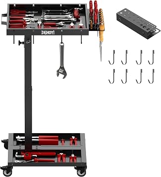 DEHOYI Adjustable Height Metal Tool Cart with Wheels, Heavy Duty Rolling Mechanic Tool Tray for Garage, Workshop Black