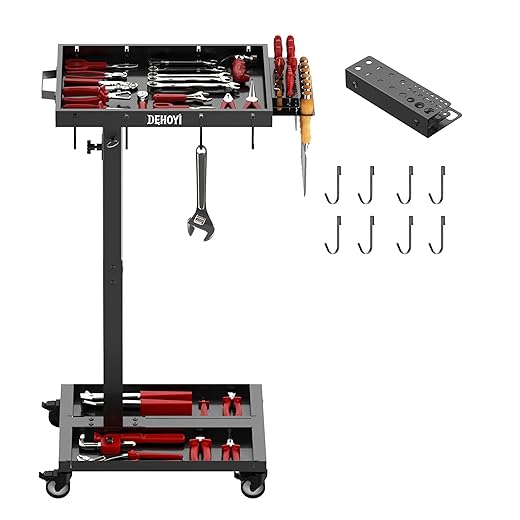 DEHOYI Adjustable Height Tool Cart with Wheels for Garage, Mechanic Rolling Tool Tray Table, Heavy Duty Metaol Tool Cart(Black)