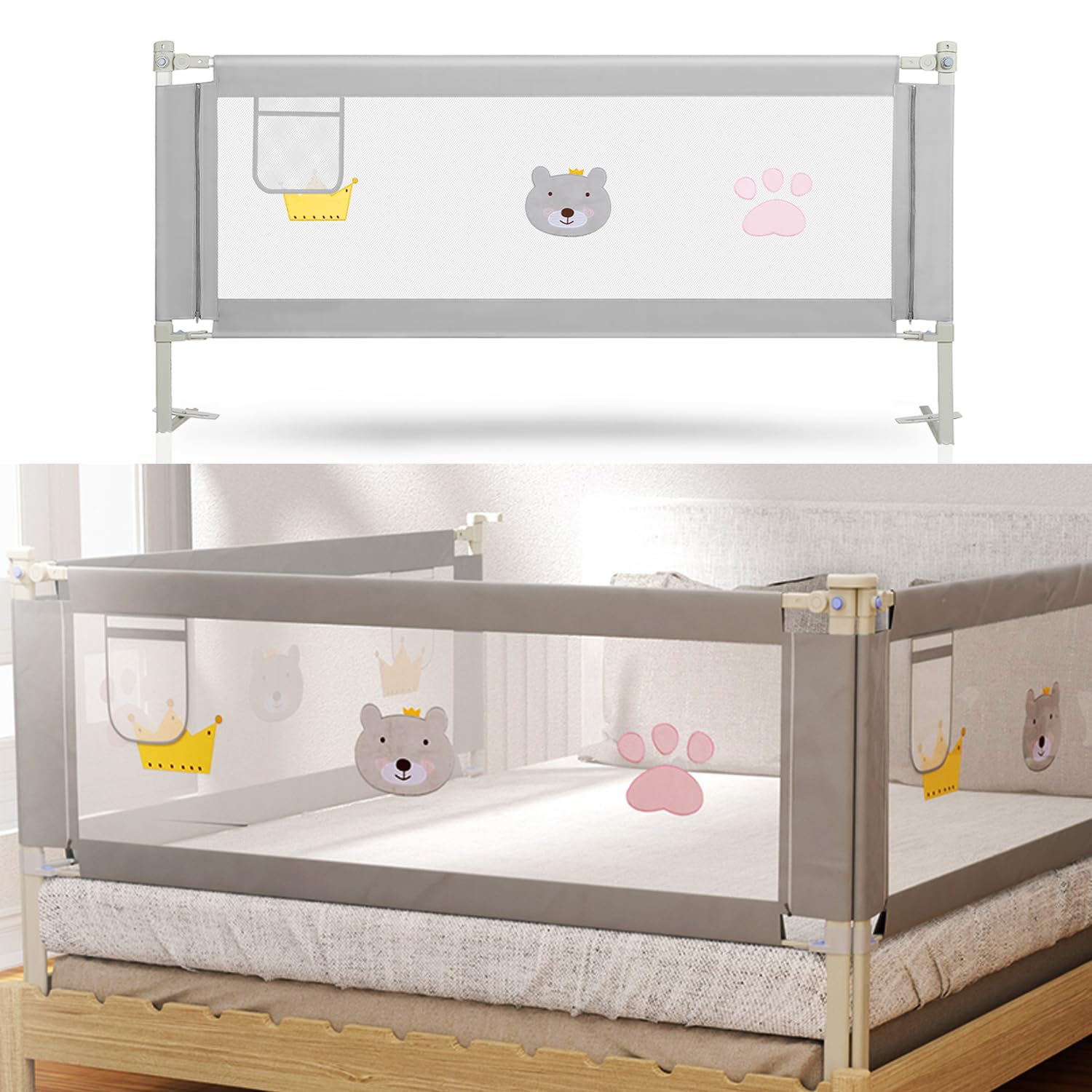 Fiqops Barrera de cama ajustable 180CMx2+150CMx1, protección contra caídas, altura ajustable de 70-98cm, barrera de cama para niños y camas de matrimonio, estable, gris