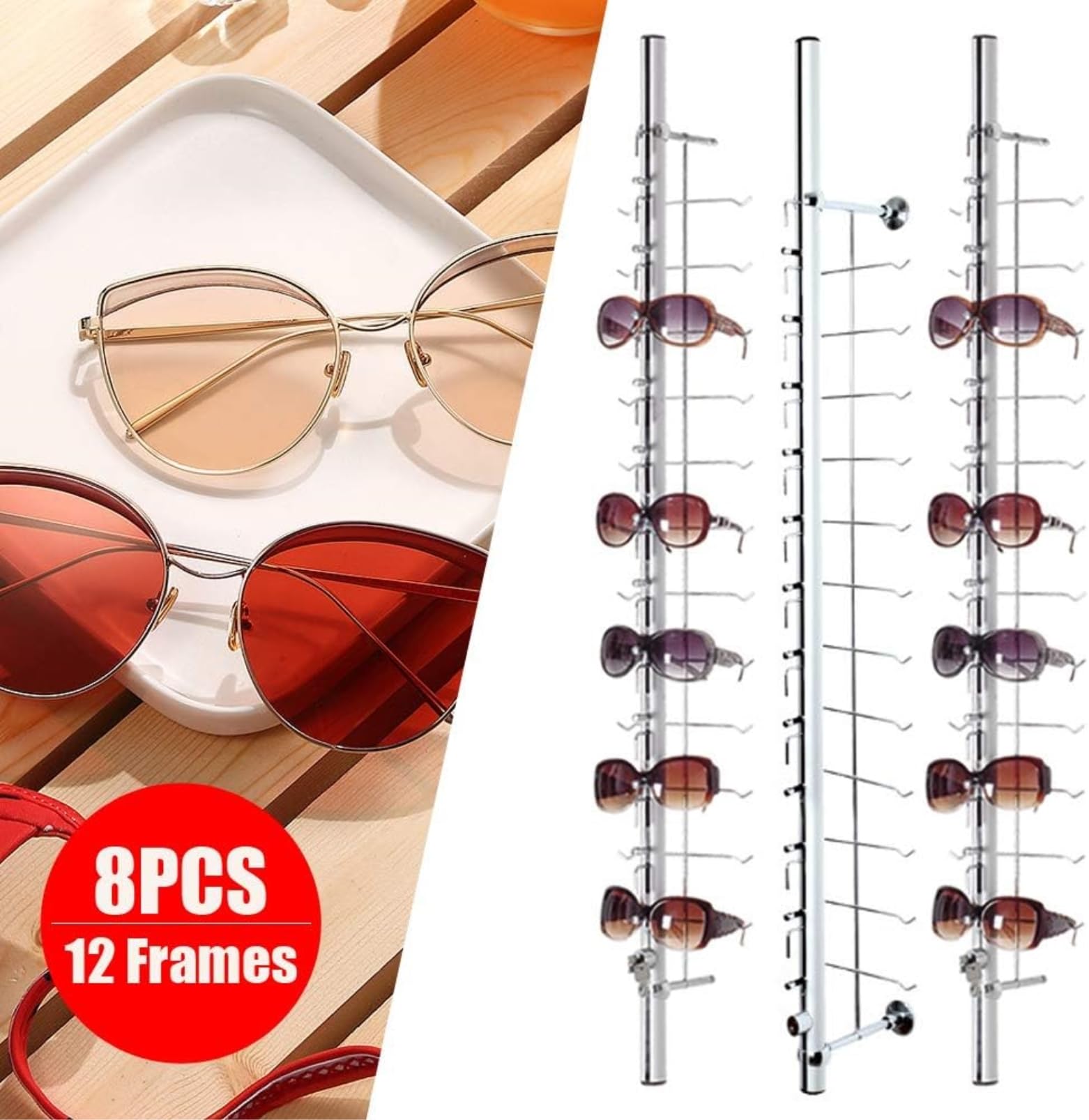 8 Paquete de Soporte de Soporte de Gafas montadas en la Pared Gafas de Sol bloqueables de Aluminio Gafas de Pantalla de Gafas para 12 Marcos 1.1m / 43.3in
