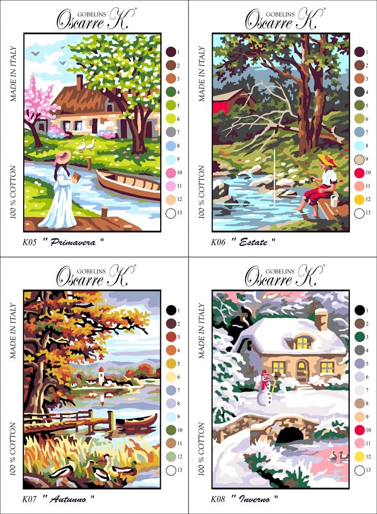 Oscarre K. gobelins - Set 4 Kit Ricamo Mezzo Punto Croce Completi - Canovaccio Stampato 30 x 22 cm (Ricamo Finito 23 x 16 cm) 4 Stagioni ver.1