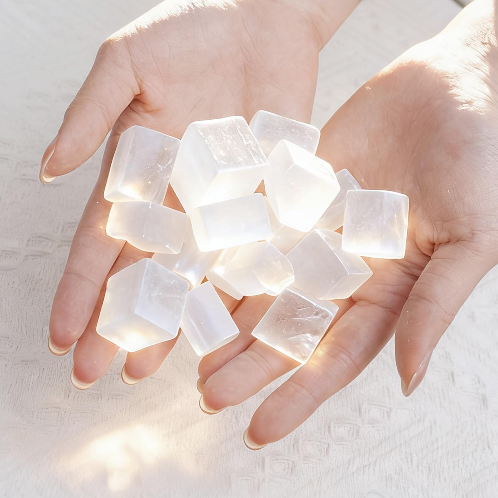 Selenit nachtlampje met houten led-basis, chakra natuursteen
