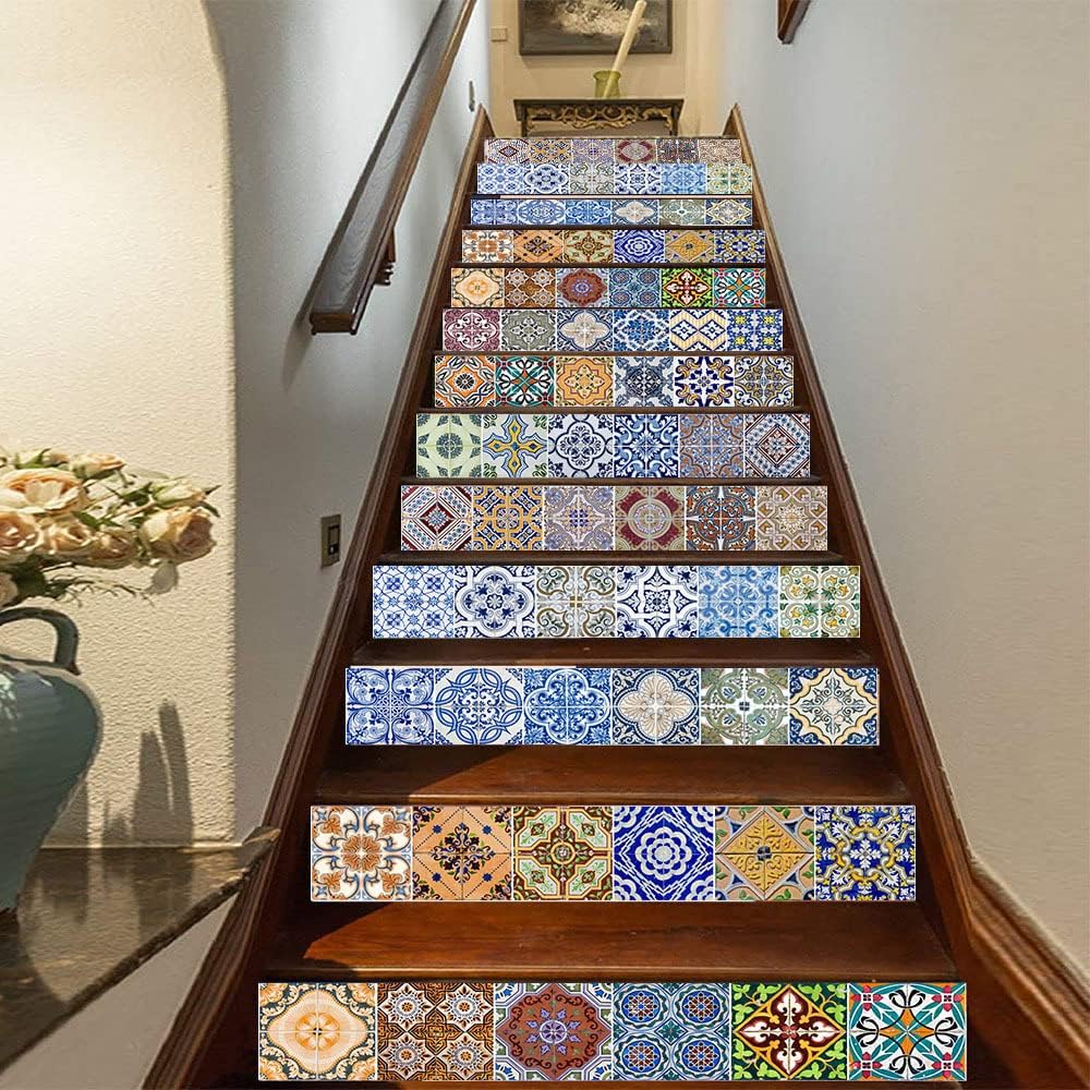 MISSSIXTY 13PCS/Set 3D Mandala Decorative Tile Self-Adhesive Stair Risers Stickers Vinyl Staircase Stickers Stairway Decal Mural Wallpaper Home Decor 39.3 Inch x7.08 Inch