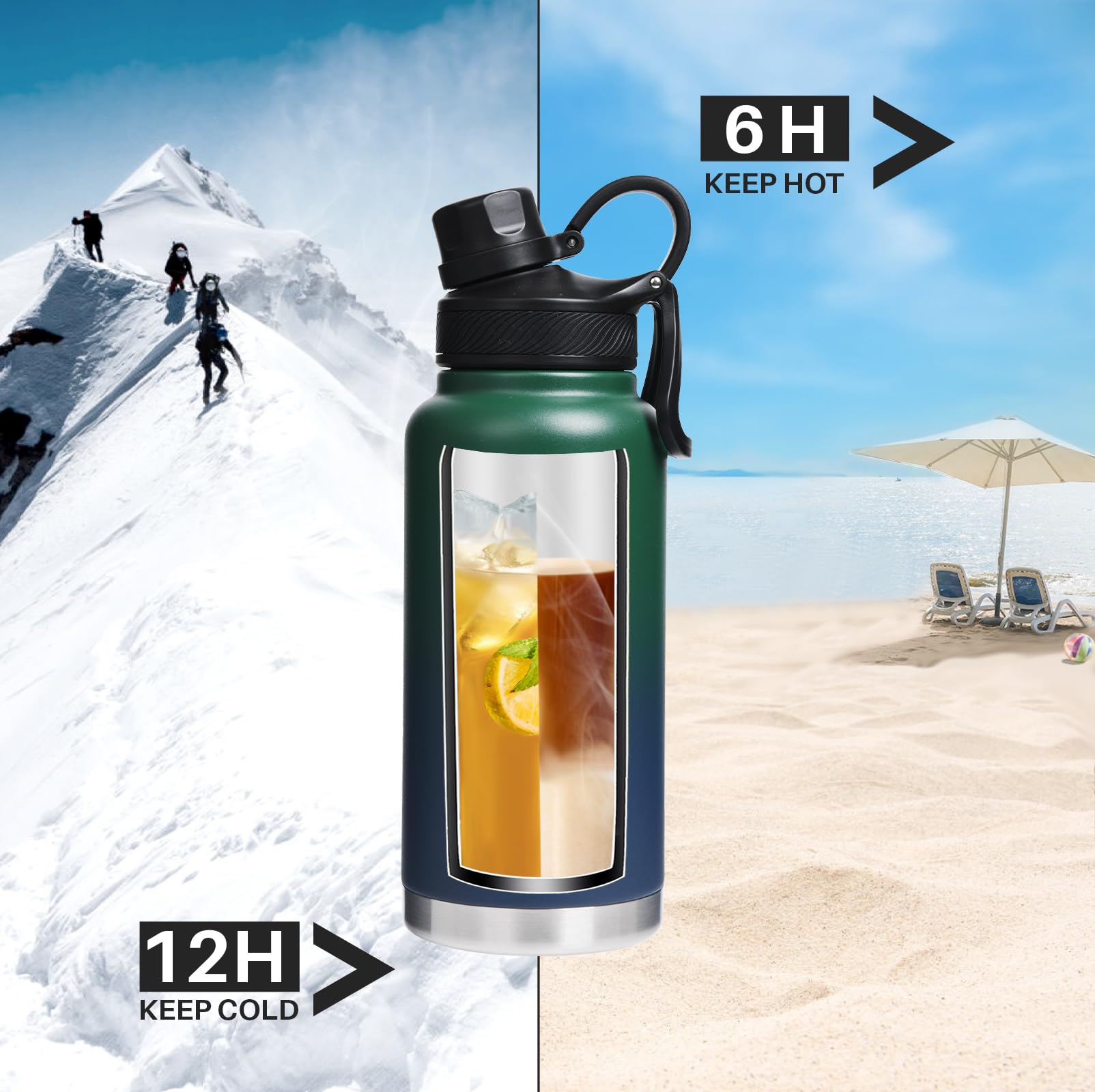 Isolierte Sport-Wasserflasche – 1,8 l Hydro-Vakuum-Isolierflasche, BPA-frei, doppelwandige Edelstahl-Wasserflasche für kalte heiße Getränke, langlebig, auslaufsicher und spülmaschinenfest