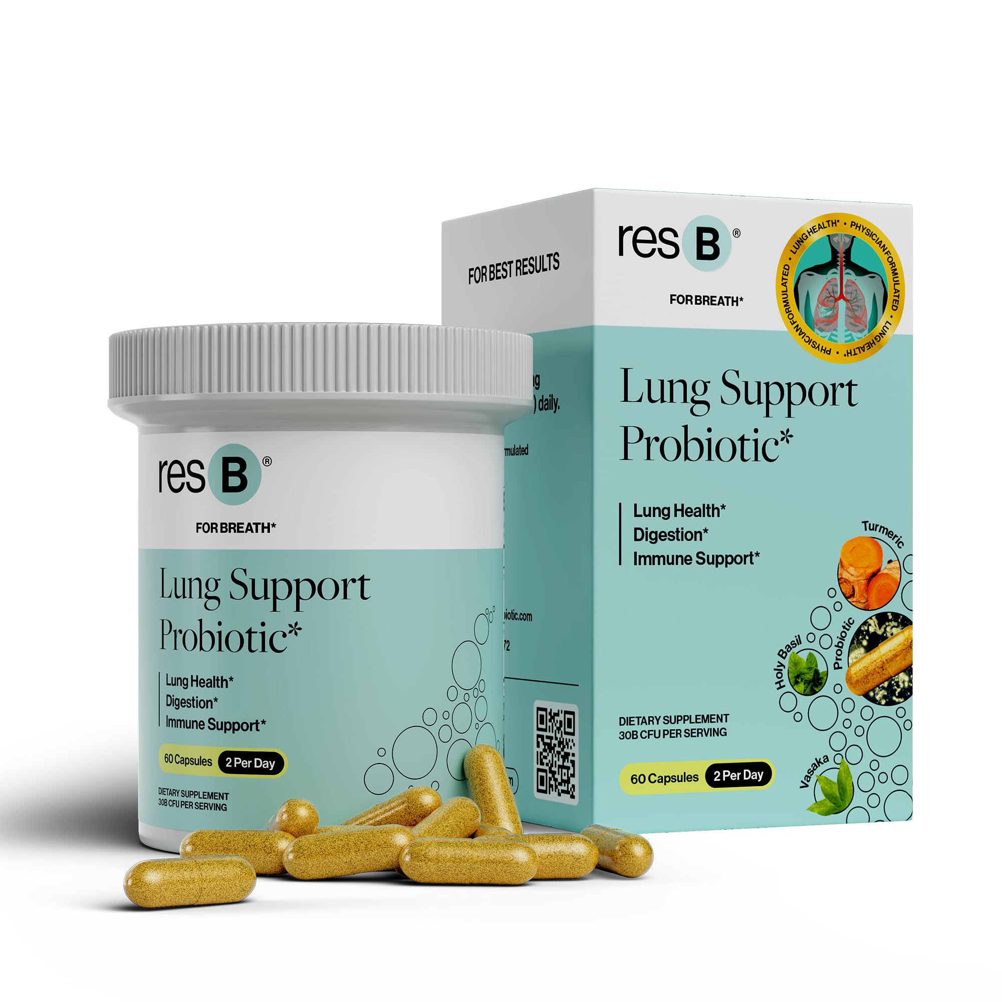 resB Lung Support Probiotic Supplement - Lung Health Supplement for Smokers, Gut Health, Immune & Digestive Support, Respiratory Care, Holy Basil & Turmeric, Clinically Trialed - 60 Capsules