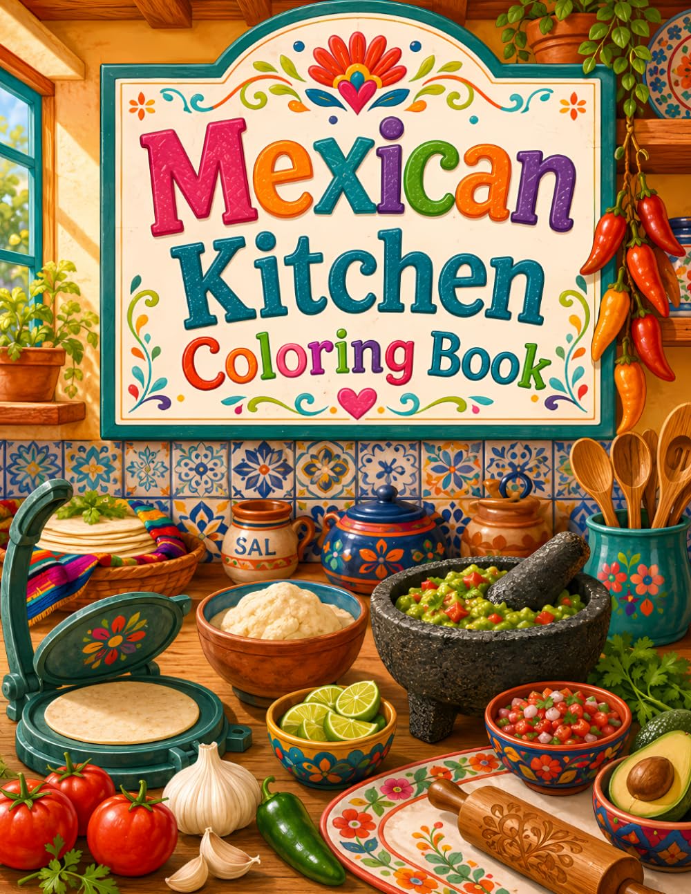 Mexican Kitchen Coloring Book: Cute and Cozy Mexican Food Coloring Pages for Kids with Tortillas, Tamales, Salsa, Guacamole, Churros, Tacos and Kitchen Scenes