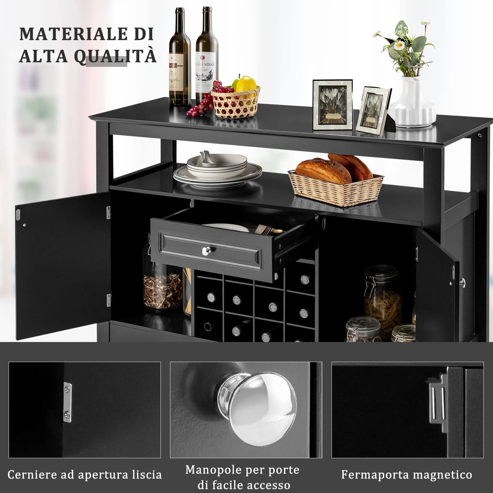 GYMAX Mobile Portabottiglie, Mobile da Buffet, Credenza con Cassetti e Armadietti, Scaffale per 12 Bottiglie in Legno, Ripiano Superiore Aperto, Mobile per Esposizione di Vini (NERO)