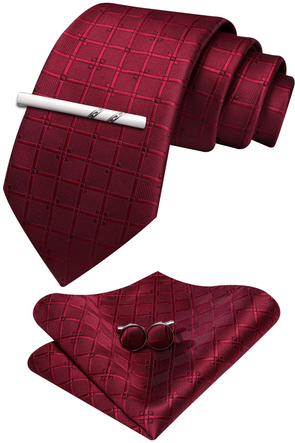 Extra Long Men Tie with Tie Clip Set Solid Plaid Silk Necktie Pocket Square Cufflinks Formal Wedding Party Business