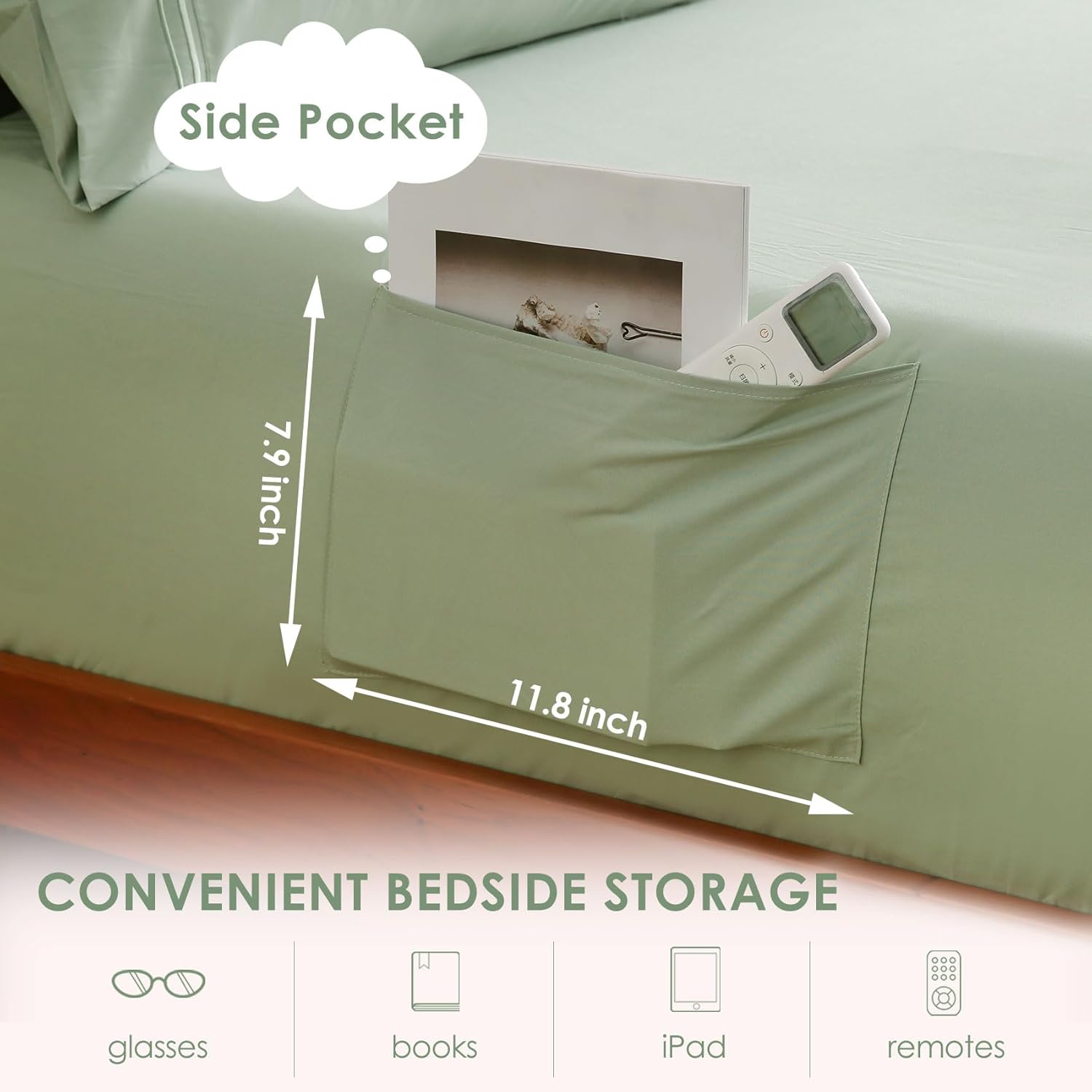 JSD Sage Green Twin Sheet Set with Side Pocket Corner Straps, 3 Piece Soft Kids Microfiber Bed Sheets Extra Deep Pocket - Image 3