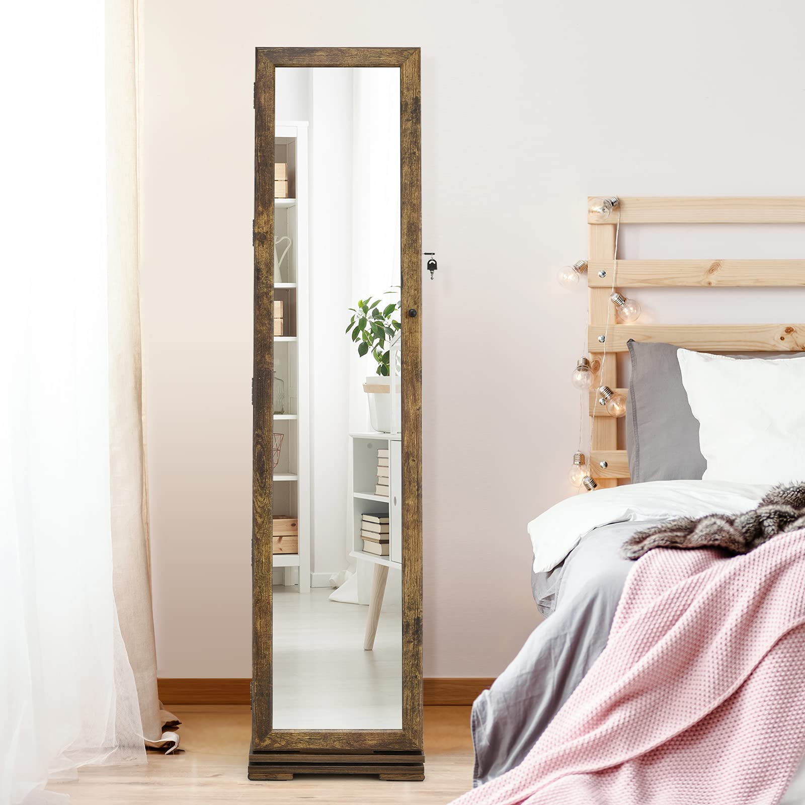GOPLUS Armoire à Bijoux avec Miroir Plein Longueur, Armoire à Bijoux Pivotante sur Pied avec 3 Étagères de Rangement, Serrure, 3 en 1 Organisateur de Bijoux pour Maquillage, Habillage, Marron