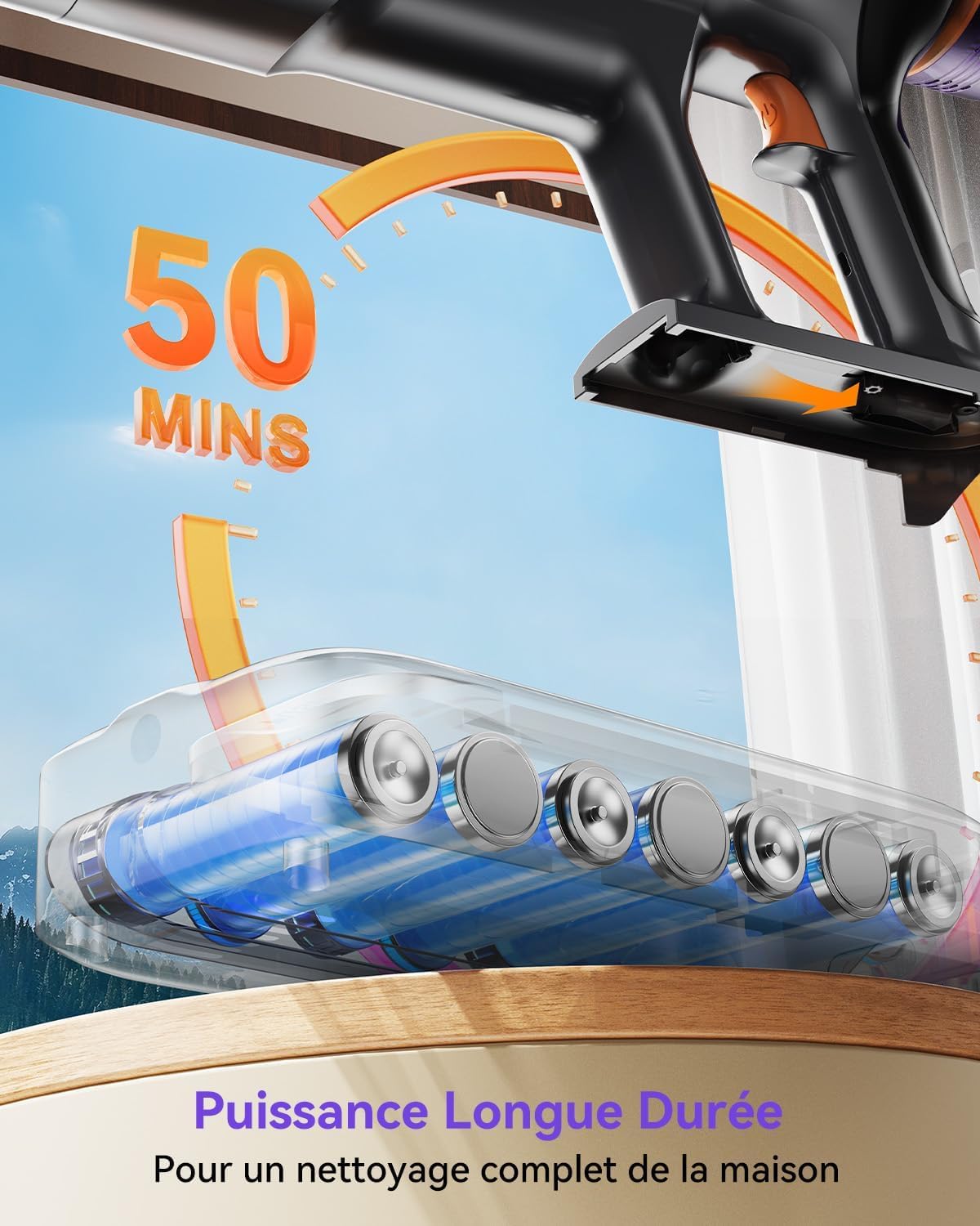 550W /45KPa Aspirateur Balai Sans Fil, 60 Min d’Autonomie avec Mode Auto, Aspirateur Sans Fil Puissant Autoportant avec Support Mural pour Tapis, Sols Durs & Poils d’Animaux – Bac à Poussiè（Violet）
