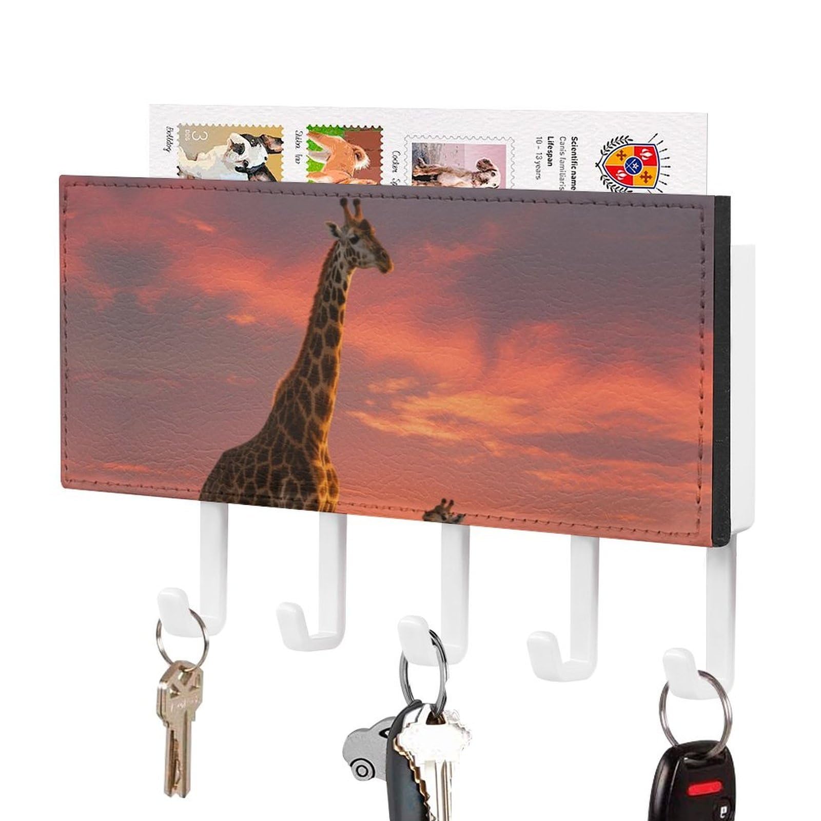 DWVTSLH Deer Giraffe Key Holder for Wall, Decorative Key Hooks with Mail Organizer & 5 Hooks, Self Adhesive Leather Key Hanger for Entryway, Wall Mounted Key Rack (7.1” X 4.3” X 0.9”)