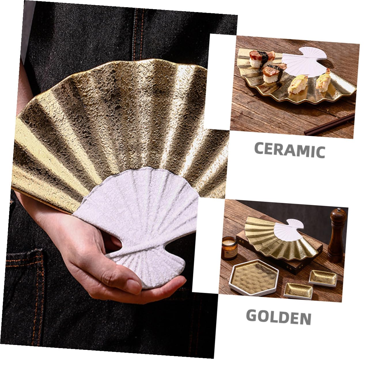 VALICLUD Plateau de Service Facile à Nettoyer Japonerie Forme Éventail en Céramique Design Élégant pour Sushis et Sashimis pour Restaurants et Hôtels