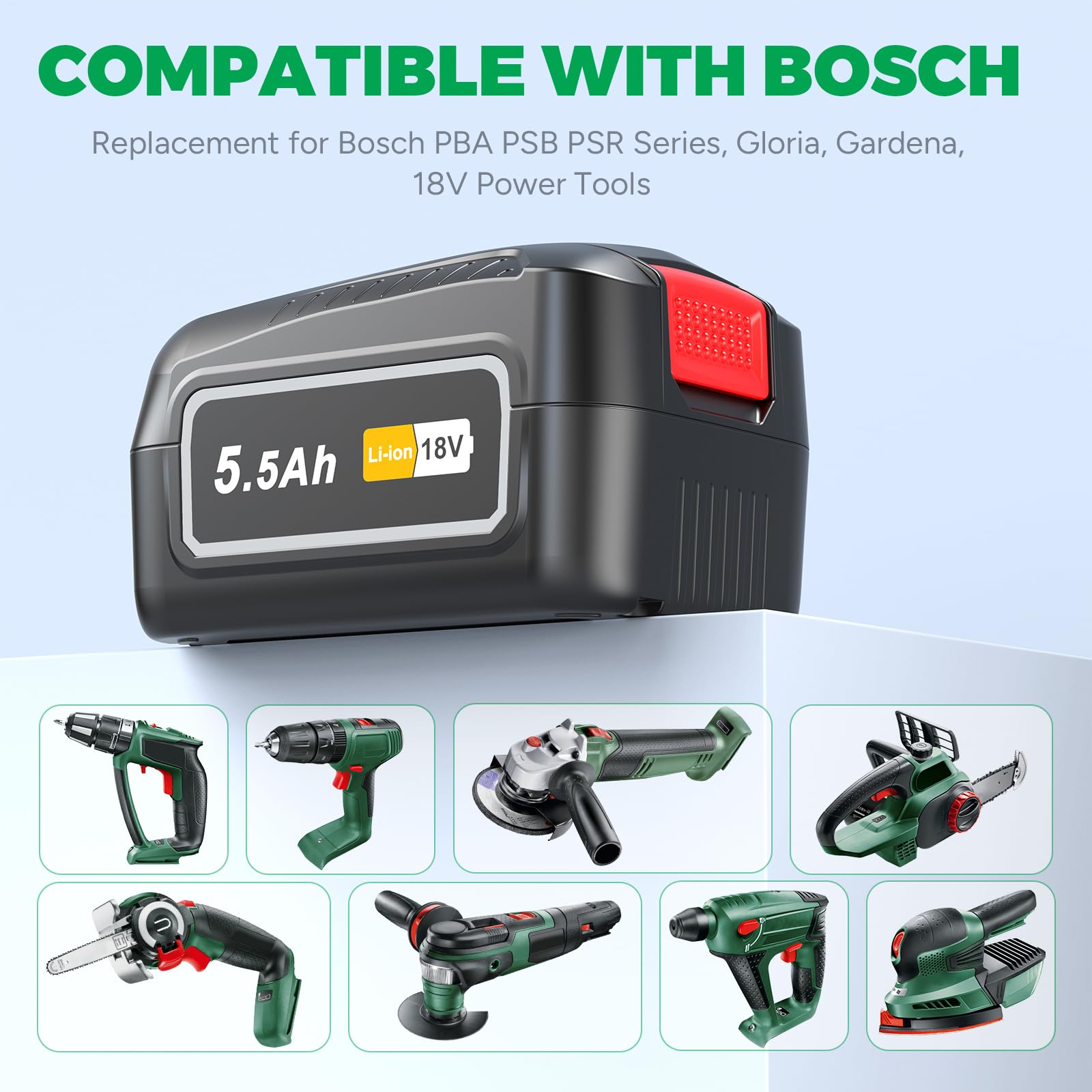 2 baterías de iones de litio PBA de 18 V 5500 mAh compatibles con herramientas eléctricas Bosch, PBA1860, batería de repuesto compatible con herramientas Bosch Casa y Jardín, 18 V PBA PSB PSR