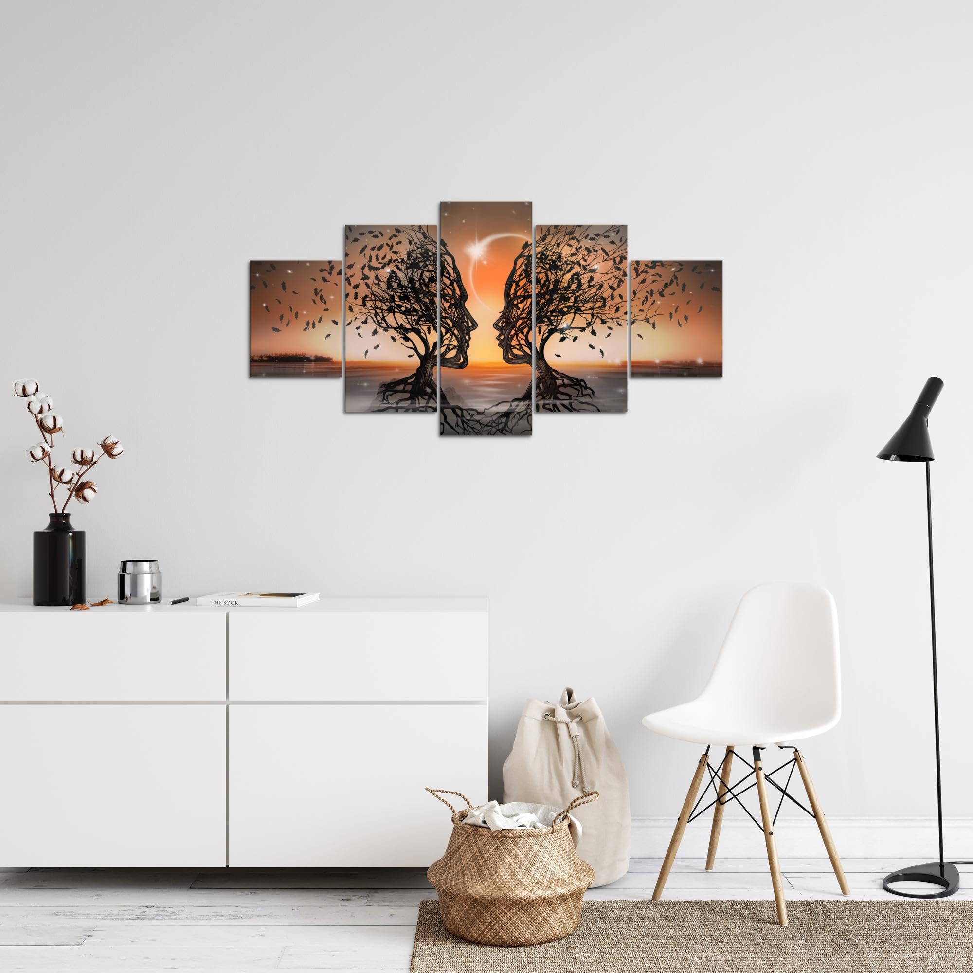 Runa Art Couple d'amoureux Tableau Murale Impression sur Toile Intissee 5 Parties Abstrait Arbre Orange Chambre Salle 044853c