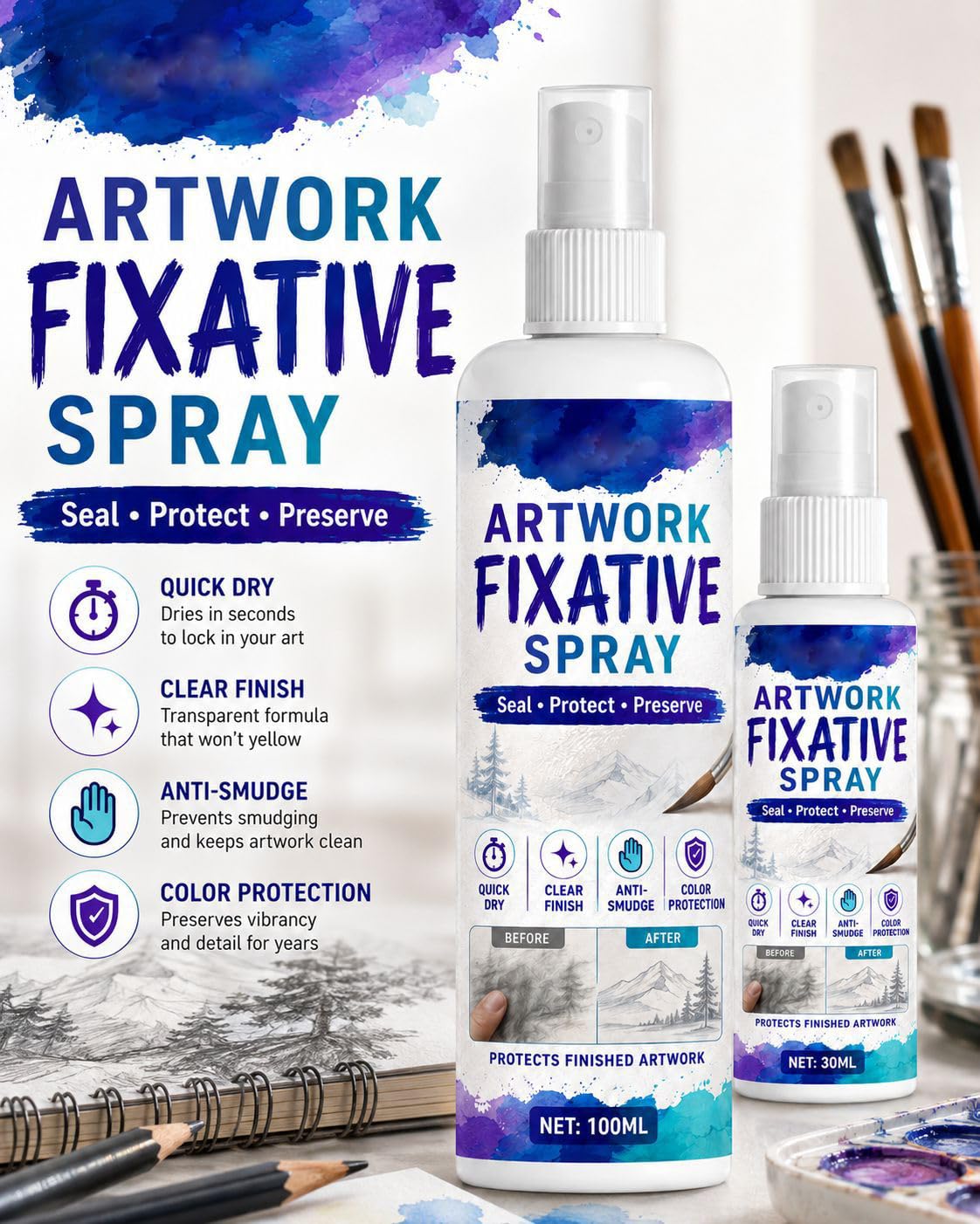 100ml Bearbeitbares Fixierspray für Kunstwerke, Transparentes und lang anhaltendes Schutzmittel für Gemälde, Professionelles Artwork Sealant, Schnell trocknende, wischfeste Beschichtung (7 Stück)