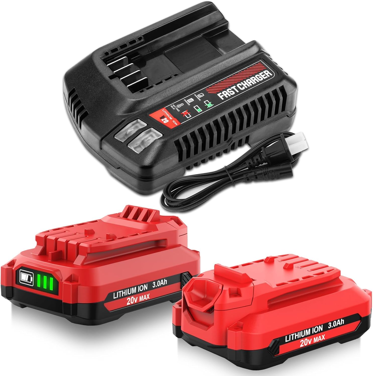 2Pack 20V 3000mAh CMCB202 Replacement for Craftsman 20V Battery Lithium Ion and Charger Kit Compatible with Craftsman V20 Battery CMCB202 CMCB202-2 CMCB204 CMCB204-2 CMCB201 CMCB206 CMCB209(Red)