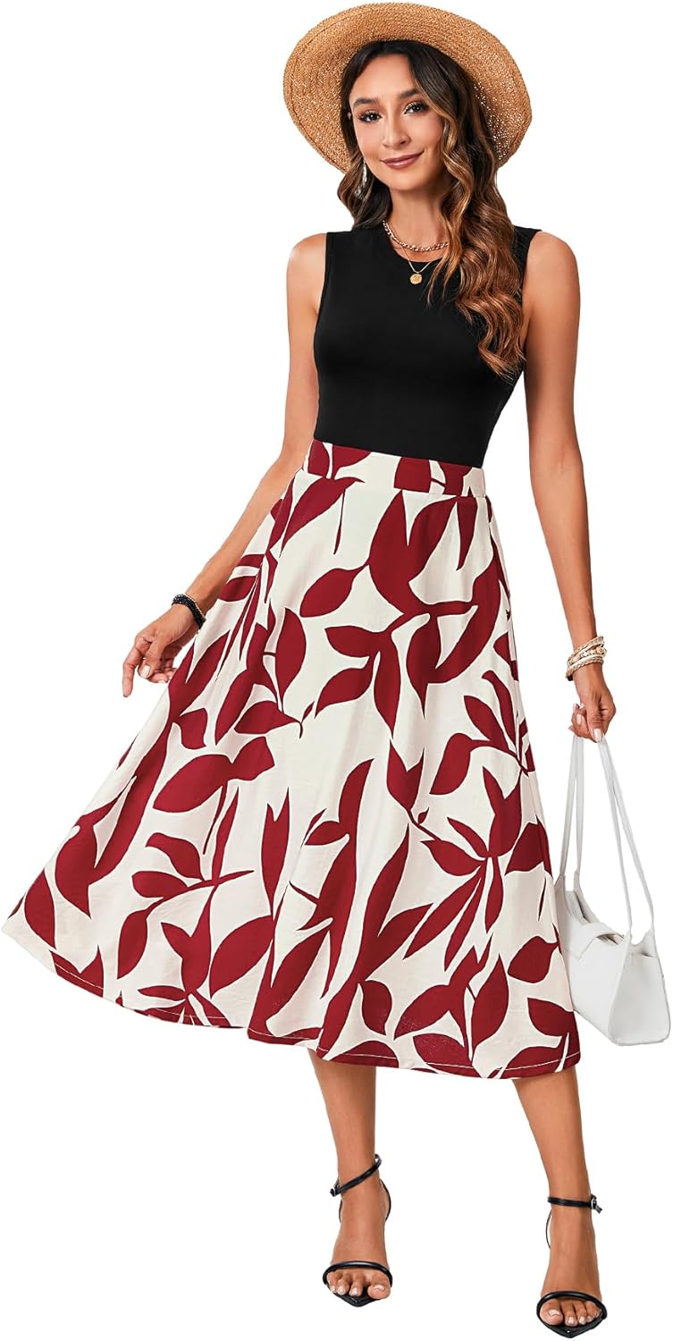 LYANER Women's 2 Piece Outfits Summer Sleeveless Tank Top and Flora Print Midi Skirt Set