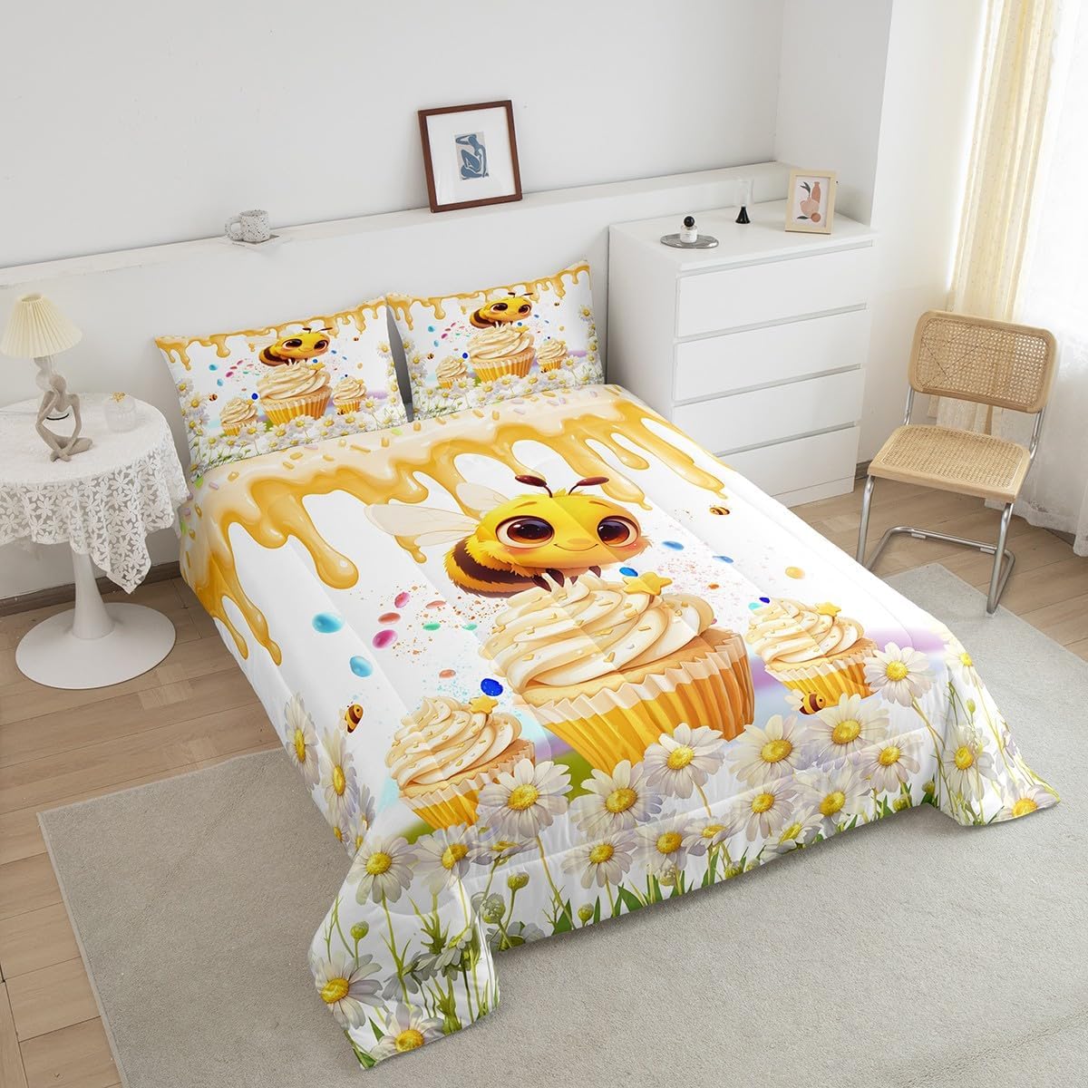 Castle Fairy Bee Cup Cake Comforter Set for Kids Adults,Dessert Lover Rainbow Ccandy 3D Cream Bedding Comforter Sets Twin,Rustic Daisy Botanical Flowers Quilt Comforter with 1 Pillowcase