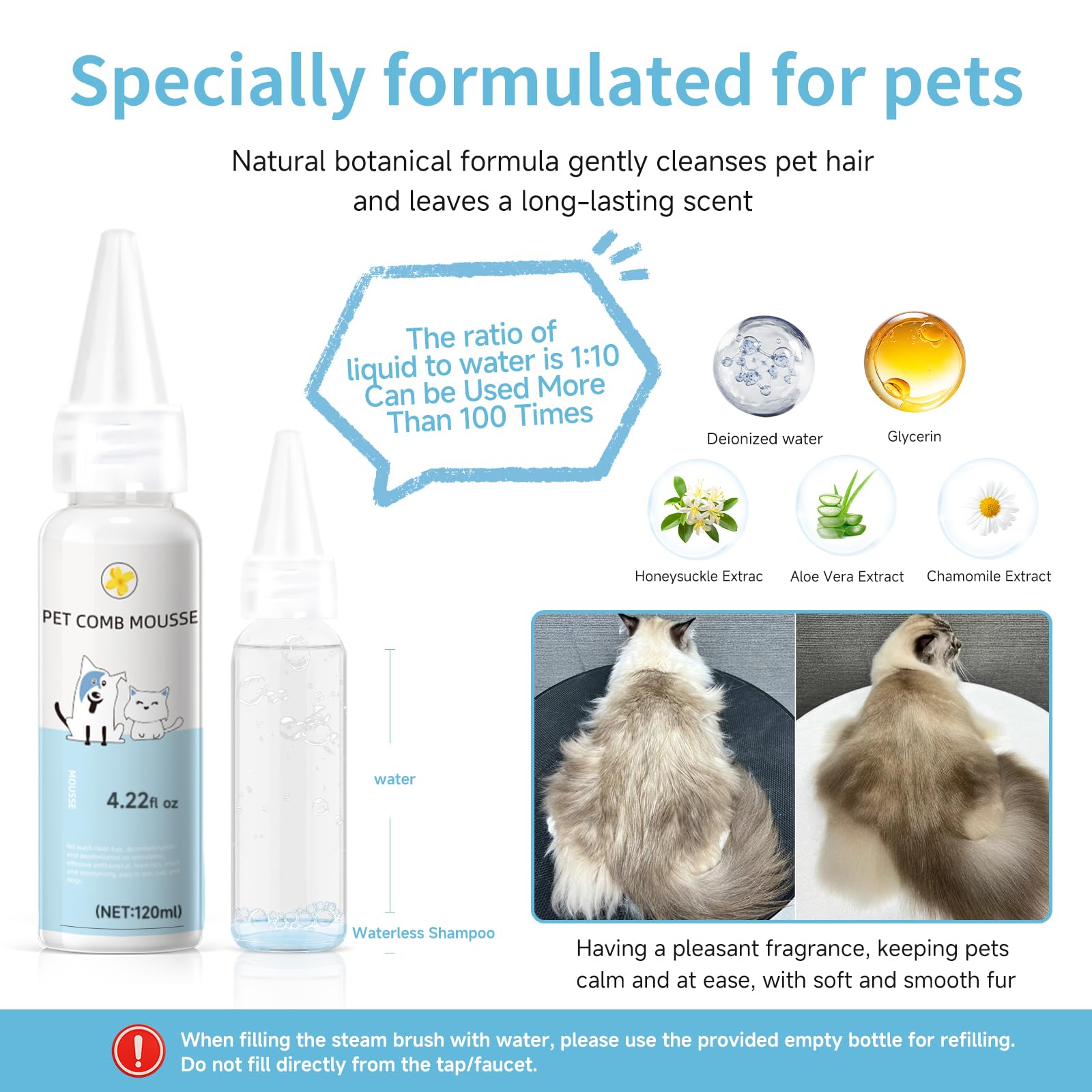 Pet Steam Brush for Dog & Cat – 3-in-1 Spray Hair Removal Comb – Steam for Shedding & Grooming – Water Brush for Long & Short Haired Pets – Spritz Defur Comb – Includes Waterless Shampoo - image 6