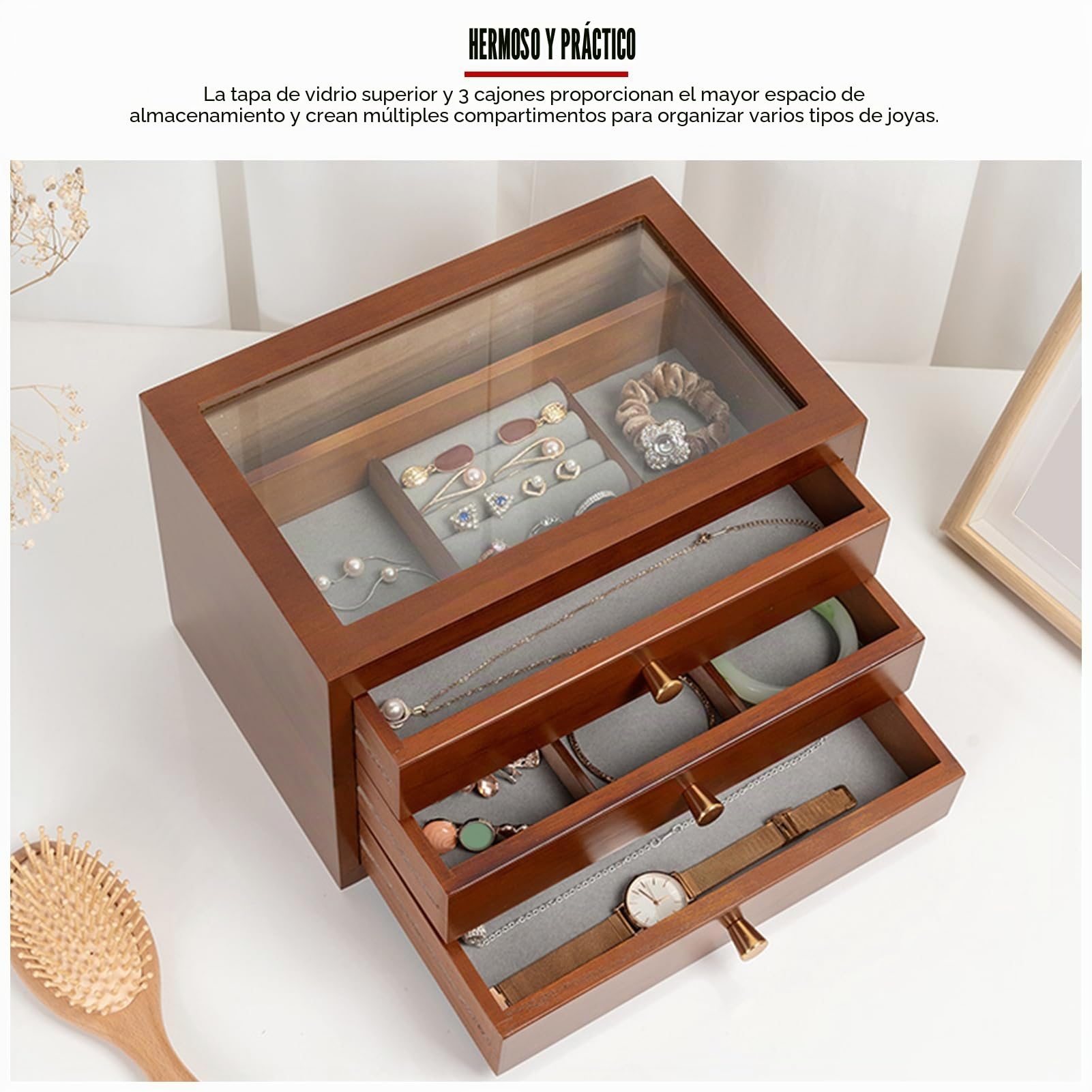 Joyero de Madera de 3 Capas para Mujeres - Cajas de joyería Grandes con 3 cajones, Caja de Almacenamiento de Joyas para Anillos, Pendientes, Pulseras, Collares(marrón)