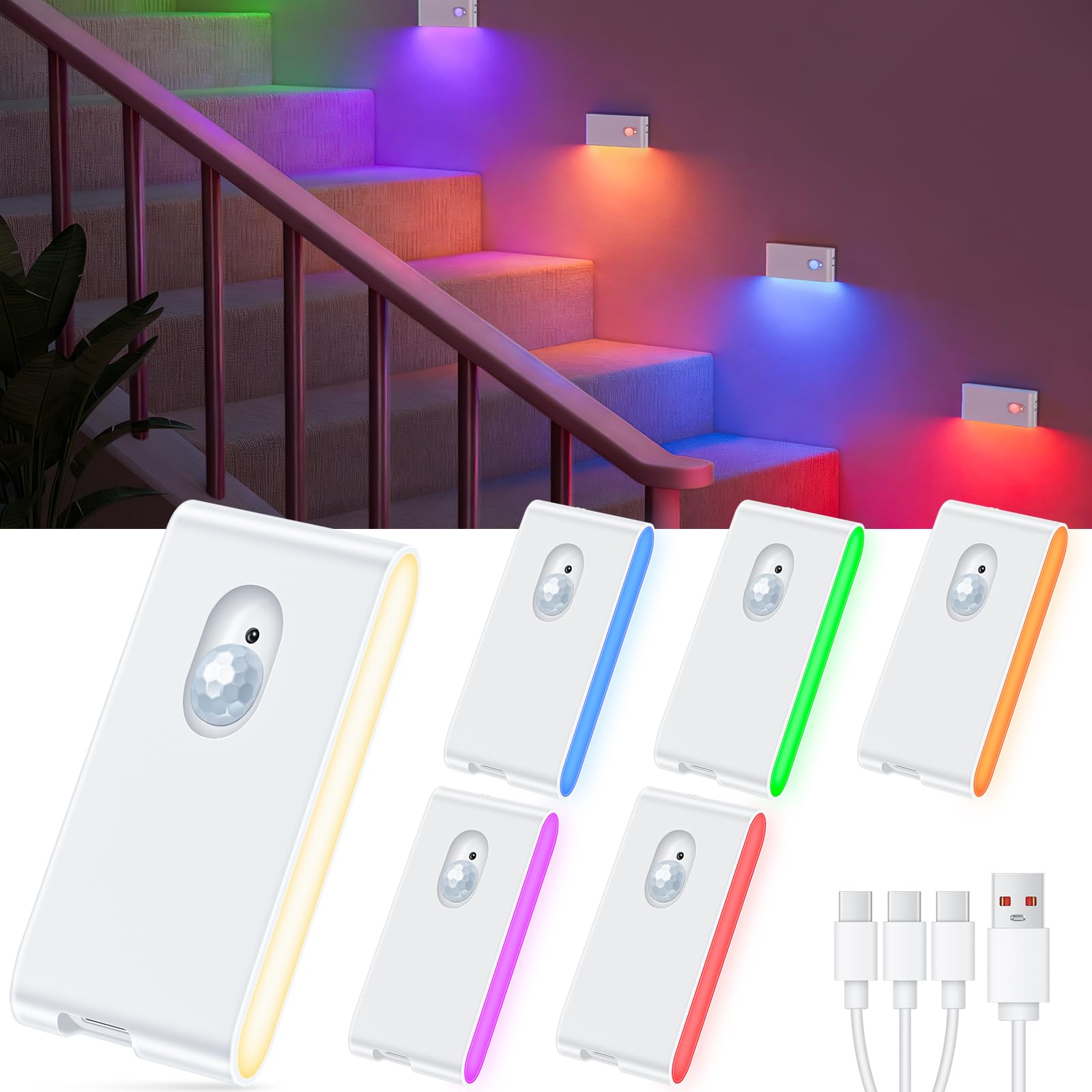 WILLED Stair Lights Indoor RGB Warm White Motion Sensor Night Light Color Changing Motion Sensor Light Indoor Rechargeable