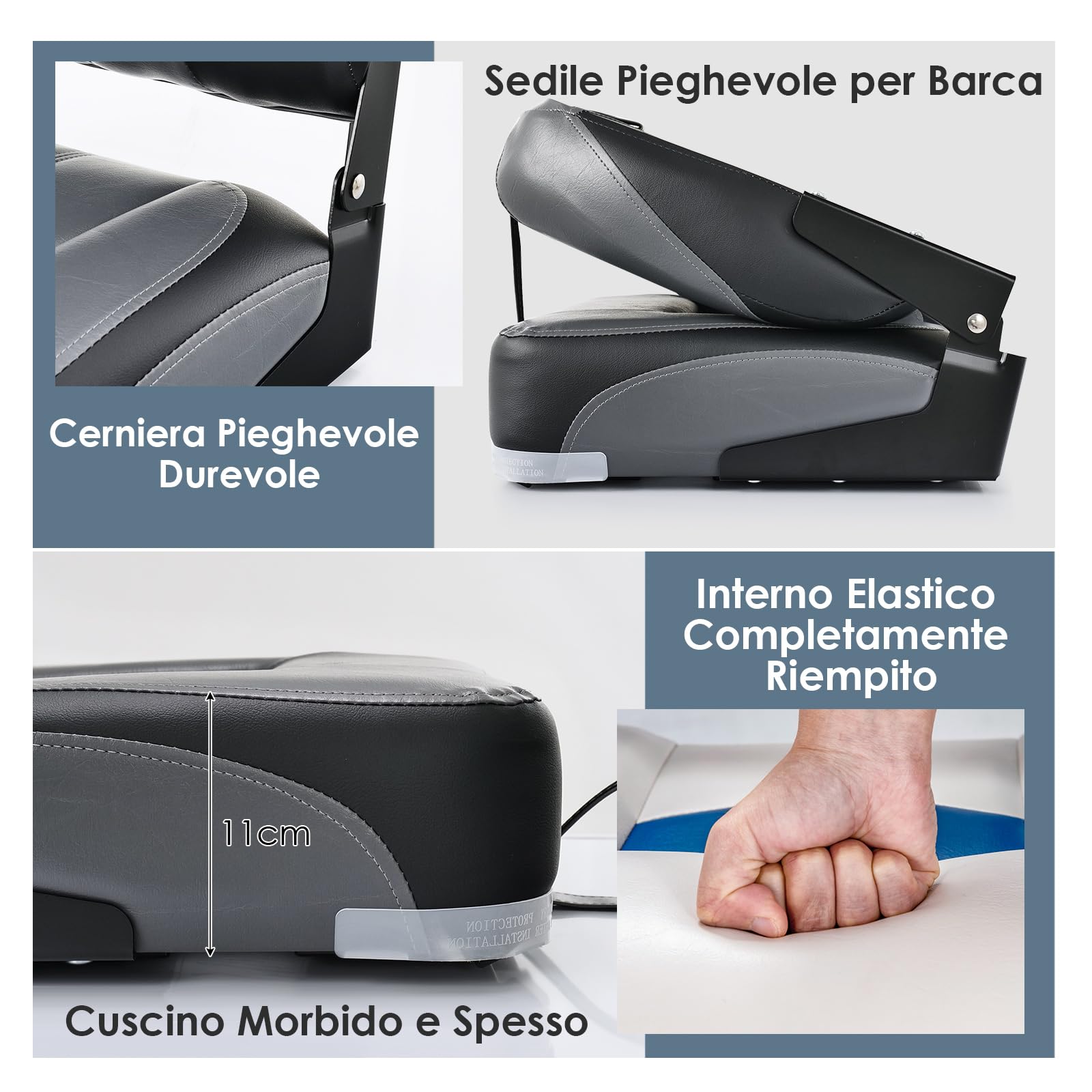 COSTWAY Set di 2 Sedie da Barca Con Schienale Basso, Pieghevole, Con Schiuma Spessa, Cinghia di Fissaggio, 50 x 42 x 52 cm (Grigio+Nero)
