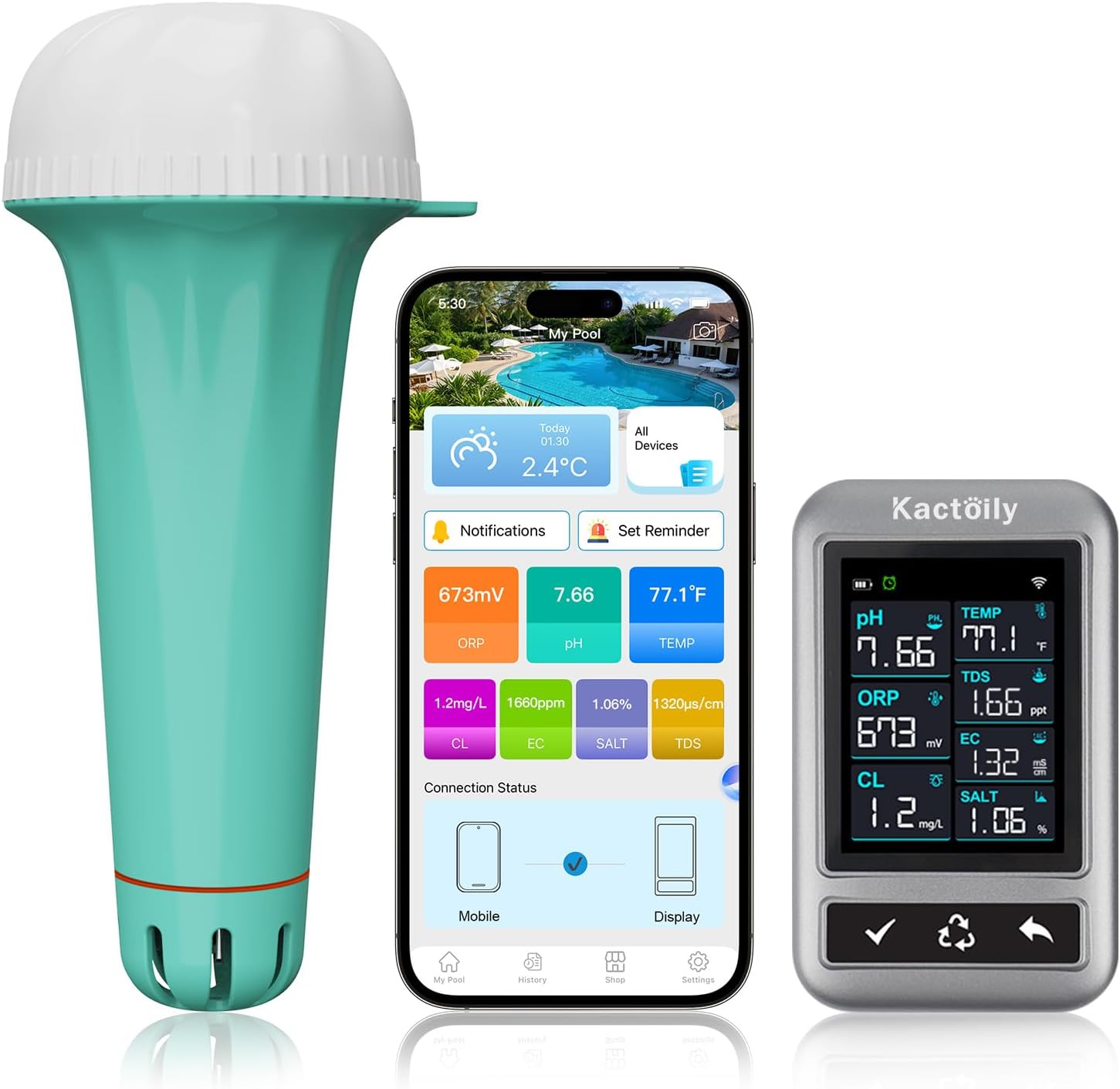 kactoily Smart Pool Monitor, Rechargeable 7 in 1 Digital Pool Water Tester, Track pH/ORP/EC/TDS/CL/Temp/Salt, Ideal for Pool Hot Tub Spa/Pond