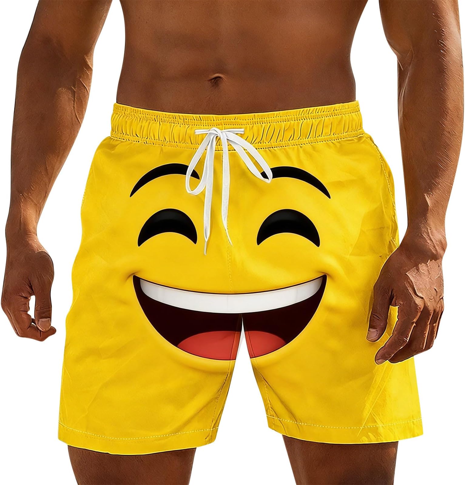 Mens Board Shorts Funny Face Frint Elastic Drawstring Waist Swim Trunk Summer Casual Beach Resort Stretch Bathing Suit
