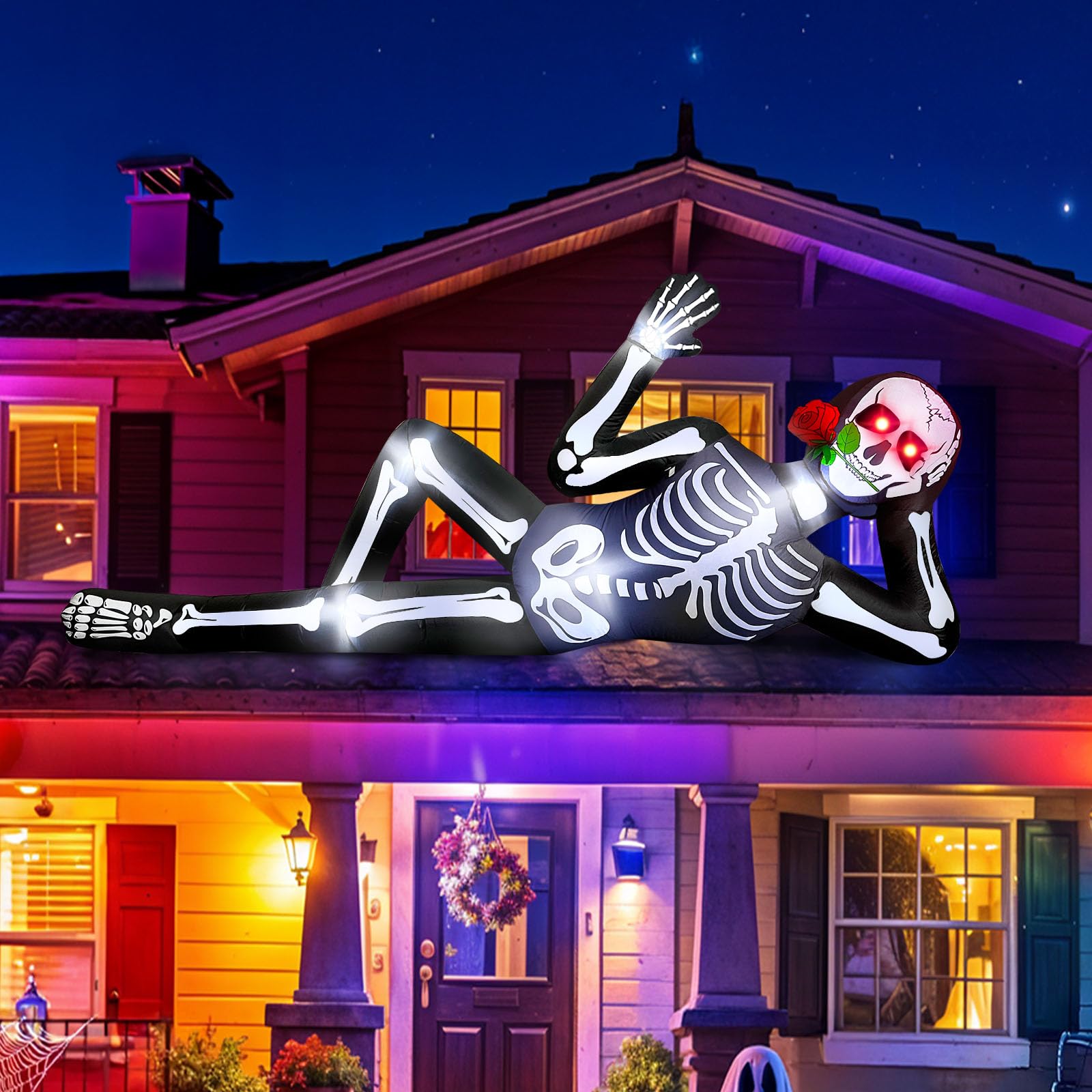 Décoration d'extérieur gonflable d'Halloween de 3 m avec lumières LED, squelette géant allongé pour toit, jardin, pelouse, balcon, vacances, décorations de fête