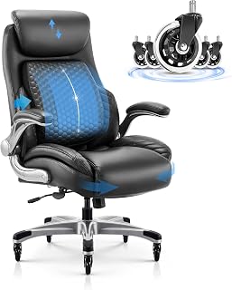COLAMY Ergonomic High Back Office Chair: Pop-Out Lumbar Support, Adjustable Headrest, Flip-Up Arms, Thick Leather Cushion - Black