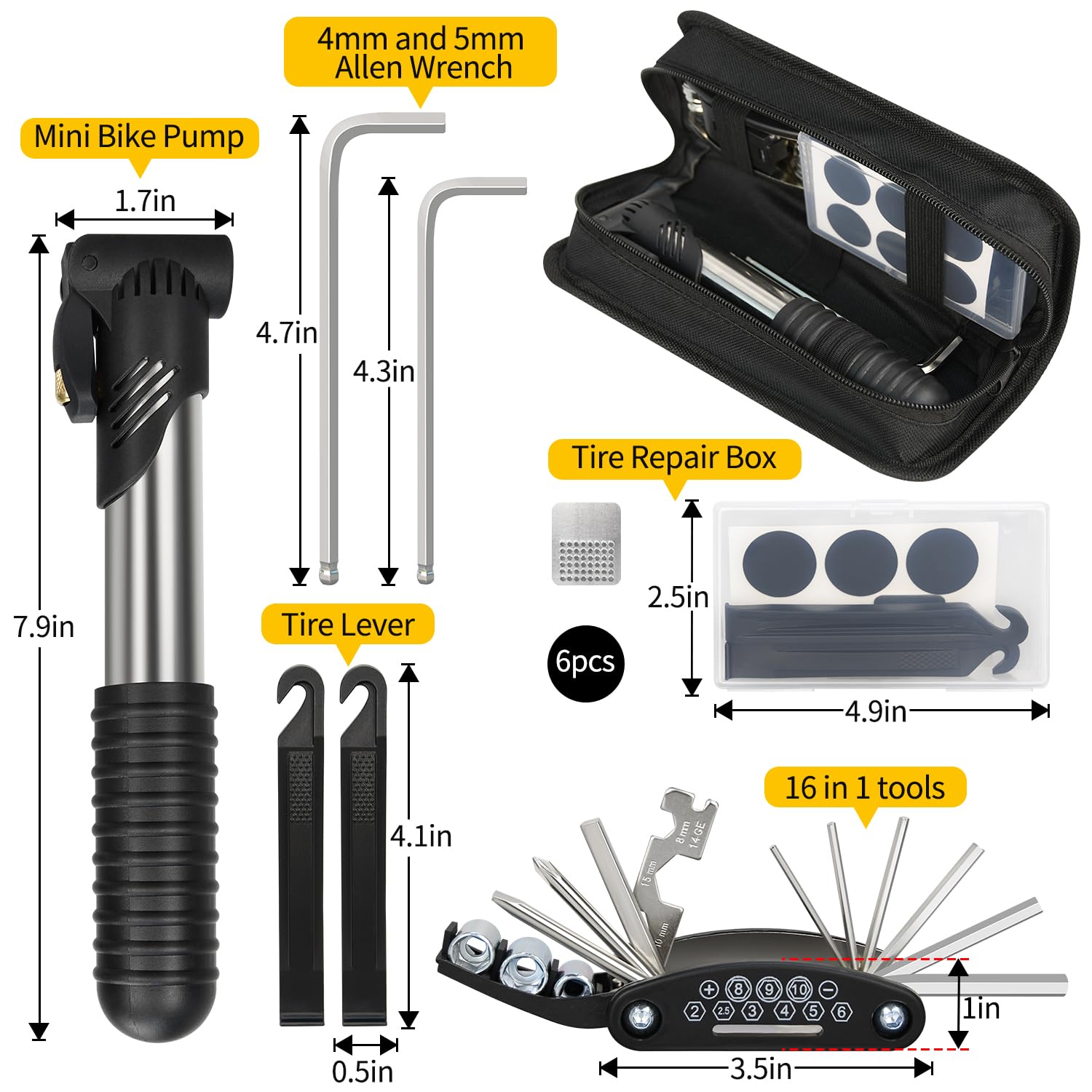 Bike Repair Kit, Bicycle Repair Bag with Tire Pump, Bike Tool Kit for Camping Travel, 16-in-1 Bike Multitool, Bicycle Tire Repair Kit, 4mm and 5mm Allen Wrenches, Used for Mountain Bike and Road Bike