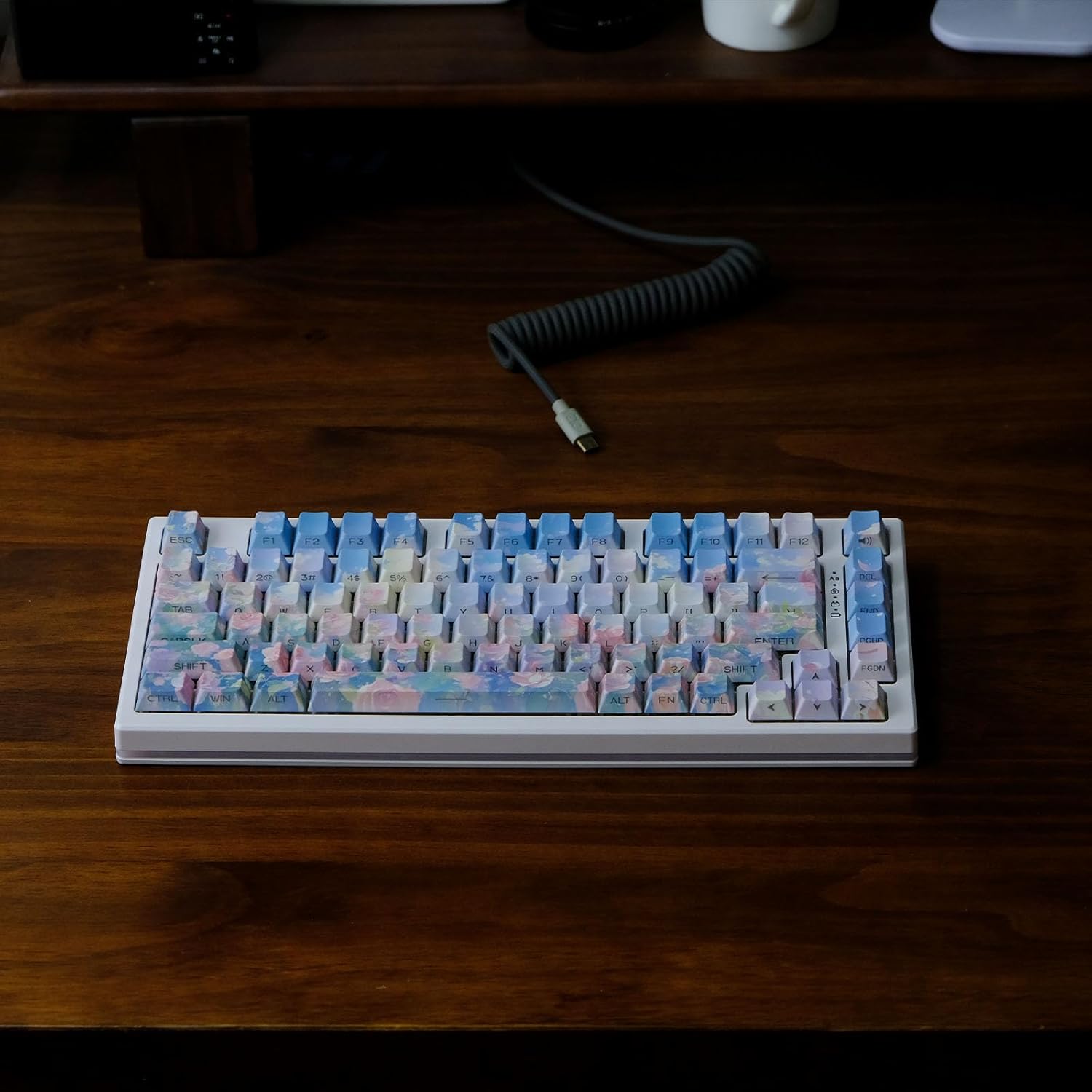 Rose Theme Side Print Shine Through PBT Keycap, Orange & Blue & Pink Custom Cherry Keycap for Mechanical Gaming Keyboard, 131 Keys, Dye Sublimation, MX Structure