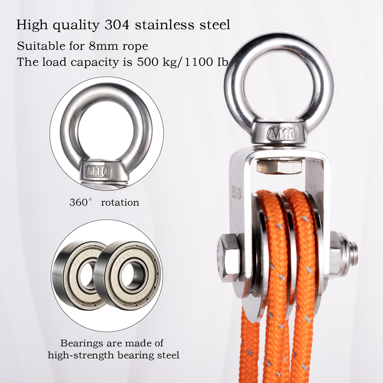 Bloque de polea de doble cable de acero inoxidable resistente, rodamiento interior, rueda de polea giratoria, bueno para sistema de elevación de polea, carga 1100 libras, paquete de 2