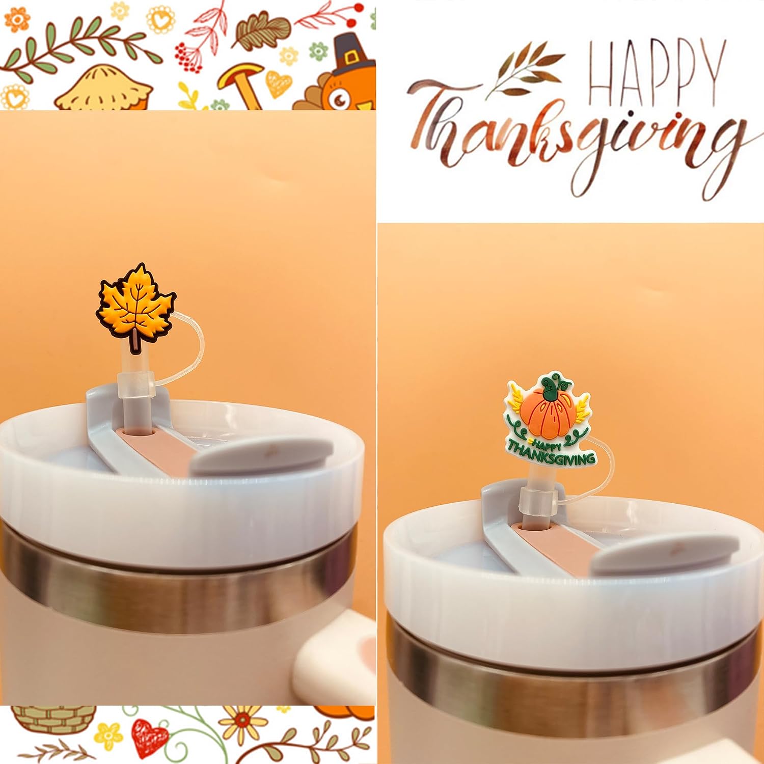 9PCS Thanksgiving Straw Cover Cap for Stanley Cup,Turkey Reusable Soft Silicone Fall Straw Toppers for Stanley 30&40 Oz Tumbler