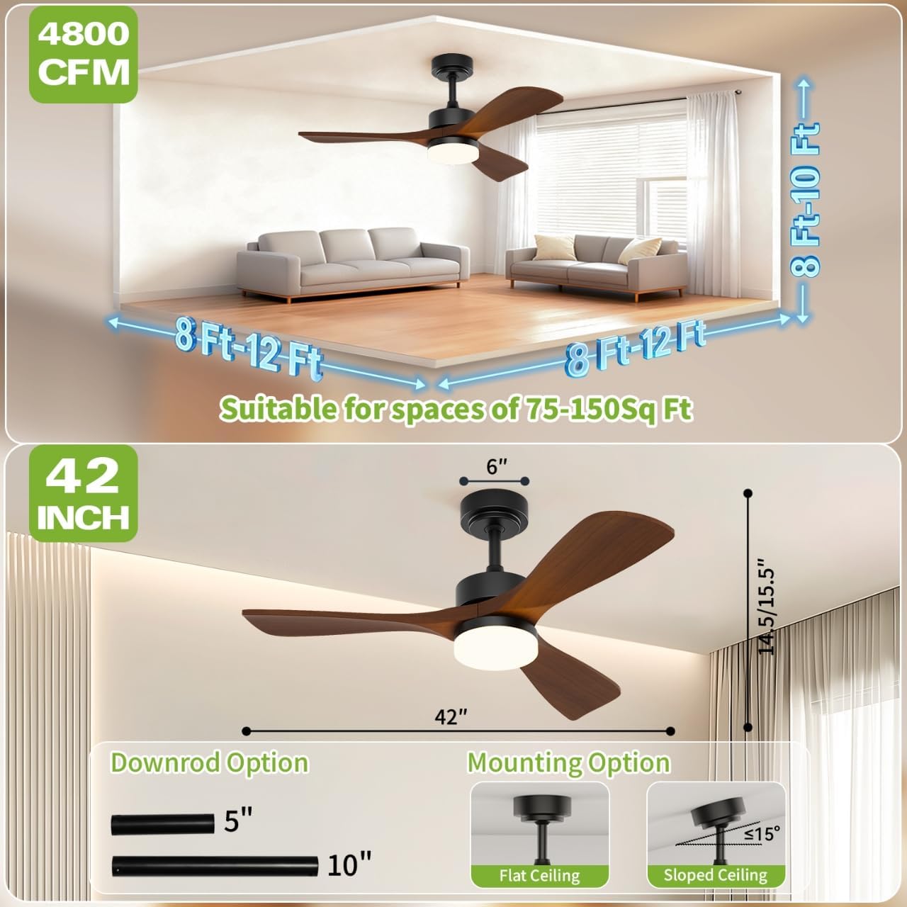 42 Inch Ceiling Fans with Lights and Remote Control, Walnut Ceiling Fan with Light for Bedroom, Living Room, Covered Outdoor, 6 Speeds Reversible Noiseless DC Motor, 3CCT, Dimmable LED Light