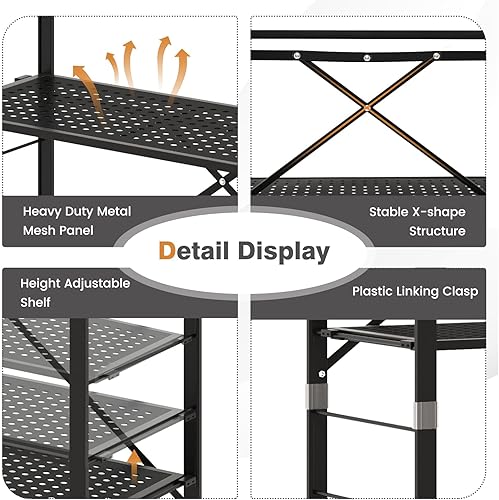Miniatura 7 de Giantex Estantería plegable de 5 niveles con ruedas color negro, estantes de metal plegables de 60 pulgadas de alto para almacenamiento,