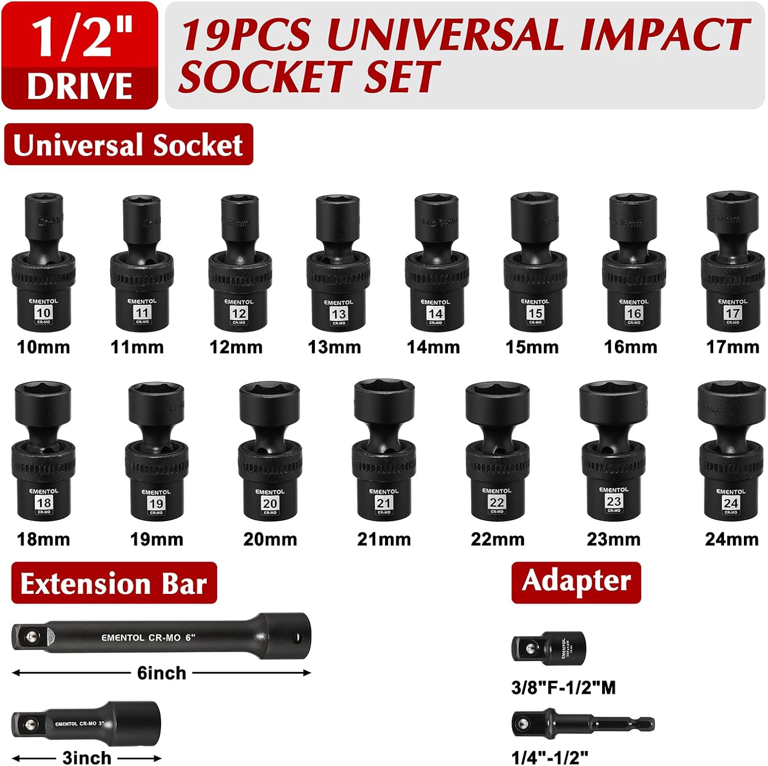 EMENTOL 19PCS 1/2" Drive Universal Impact Socket Set, Swivel Socket with Flexible Wobble, Metric 10mm-24mm, CR-MO, 6 Point, Includes Extension Bar and Adapter