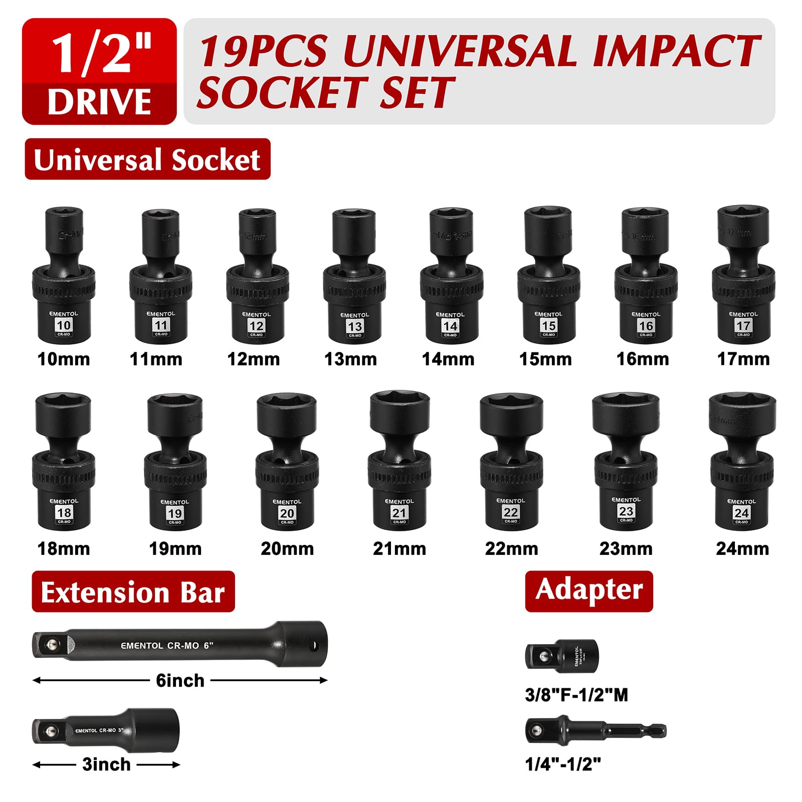 EMENTOL Juego de 19 llaves de vaso de impacto universales estándar de 1/2 pulgada con barras de extensión y adaptadores, 6 puntos, métricos, 10 mm - 24 mm, barra exterior, adaptador de taladro de