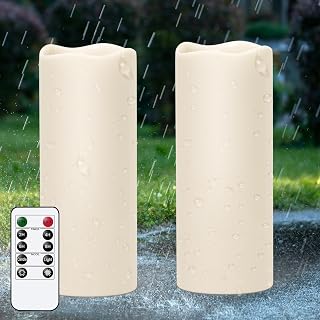 10" 10" × 4" Large Outdoor Candles with Timer Waterproof, Battery Operated Outdoor Candle Lantern Flickering LED Pillar Candles 2 Pack for Patio Porch Garden Home Decor, Cream White