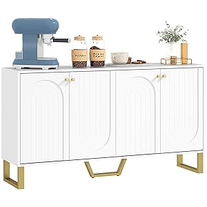 HOMCOM Aparador 4 Puertas Aparador para Salón Moderno con Estantes Ajustables y Patas Doradas para Comedor Entrada Mueble para TV hasta 65 Pulgadas Blanco 140,8x35x77,5 cm
